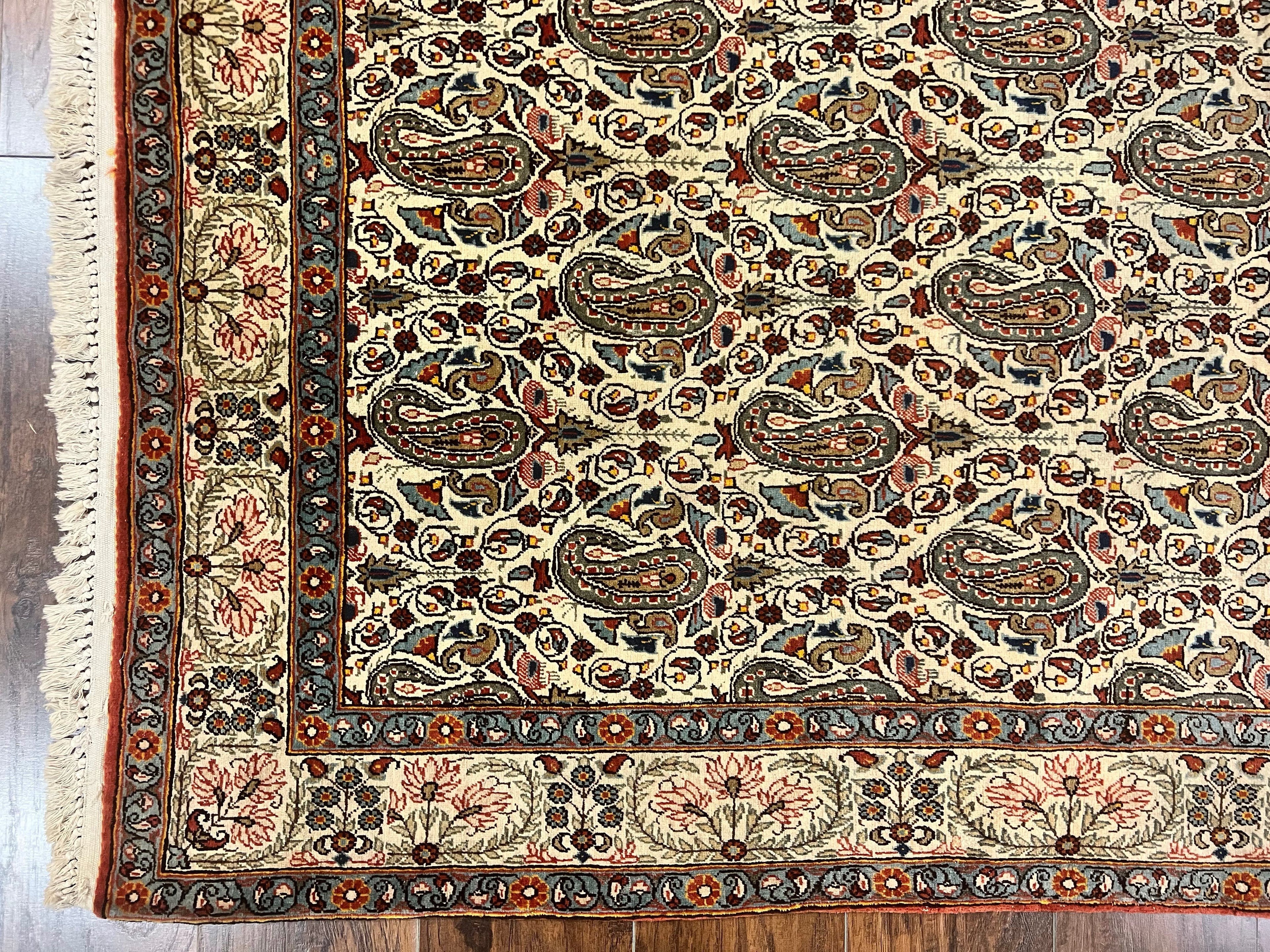 Persian Qum Rug 5x6, Cream Wool Hand Knotted Carpet, Repeated Boteh Paisely Design, Semi Antique Vintage Rug, Very Fine Weave 5 x 6 Rug