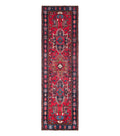 Persian Heriz Karajeh Runner Rug 3.7 x 12, Geometric Medallions, Red and Navy Blue