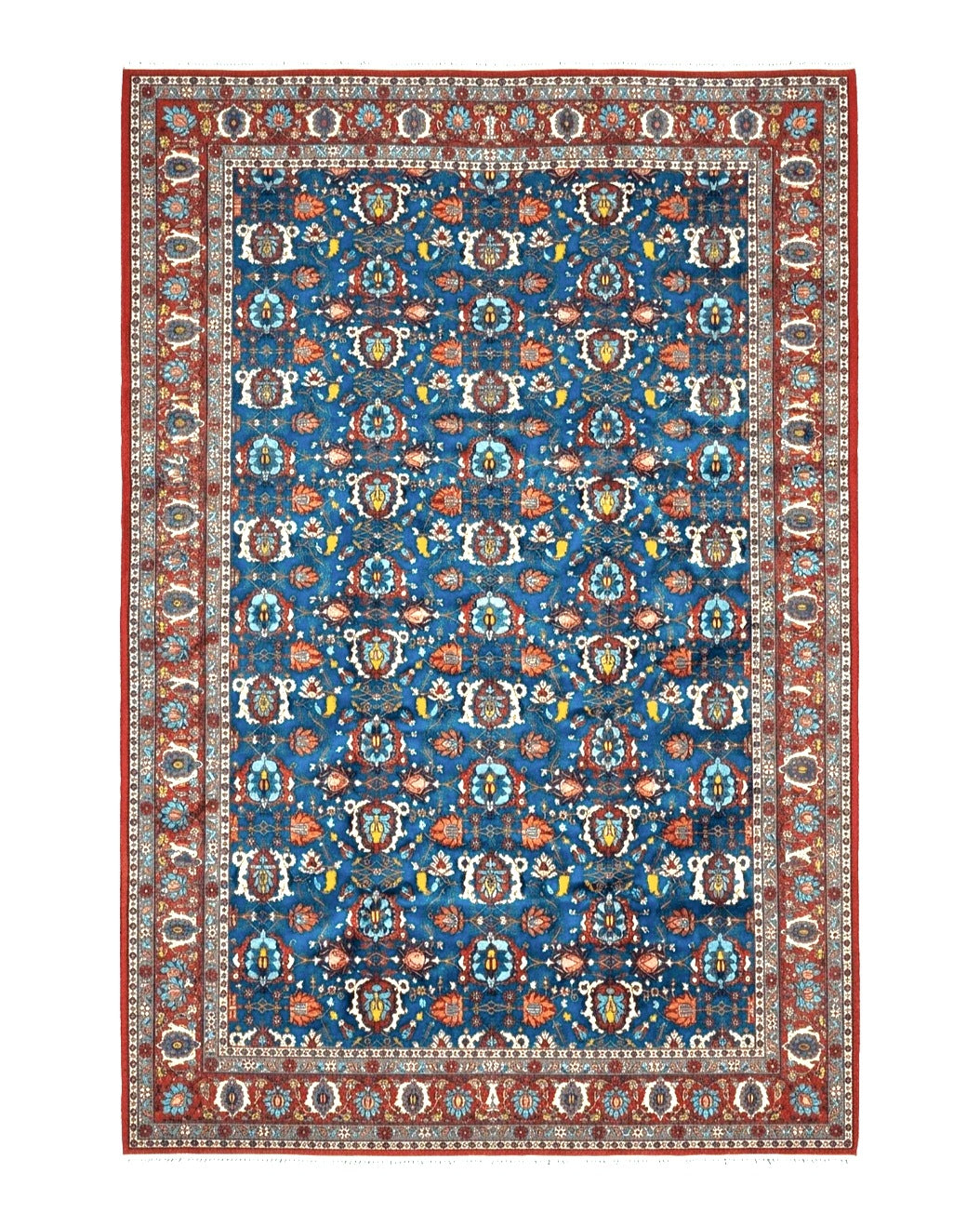 Rare Antique Persian Veramin Carpet, Mina-Khani Pattern, Blue, Red, Ivory, 7x11 ft, Hand-Knotted, Wool