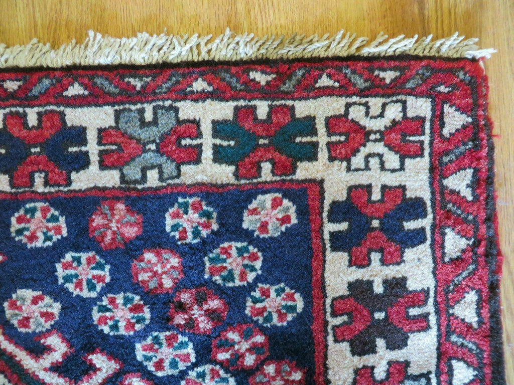 Persian Runner Rug 3.5 x 10.7, Karajeh Heriz Rug, Navy Blue, Geometric Medallions