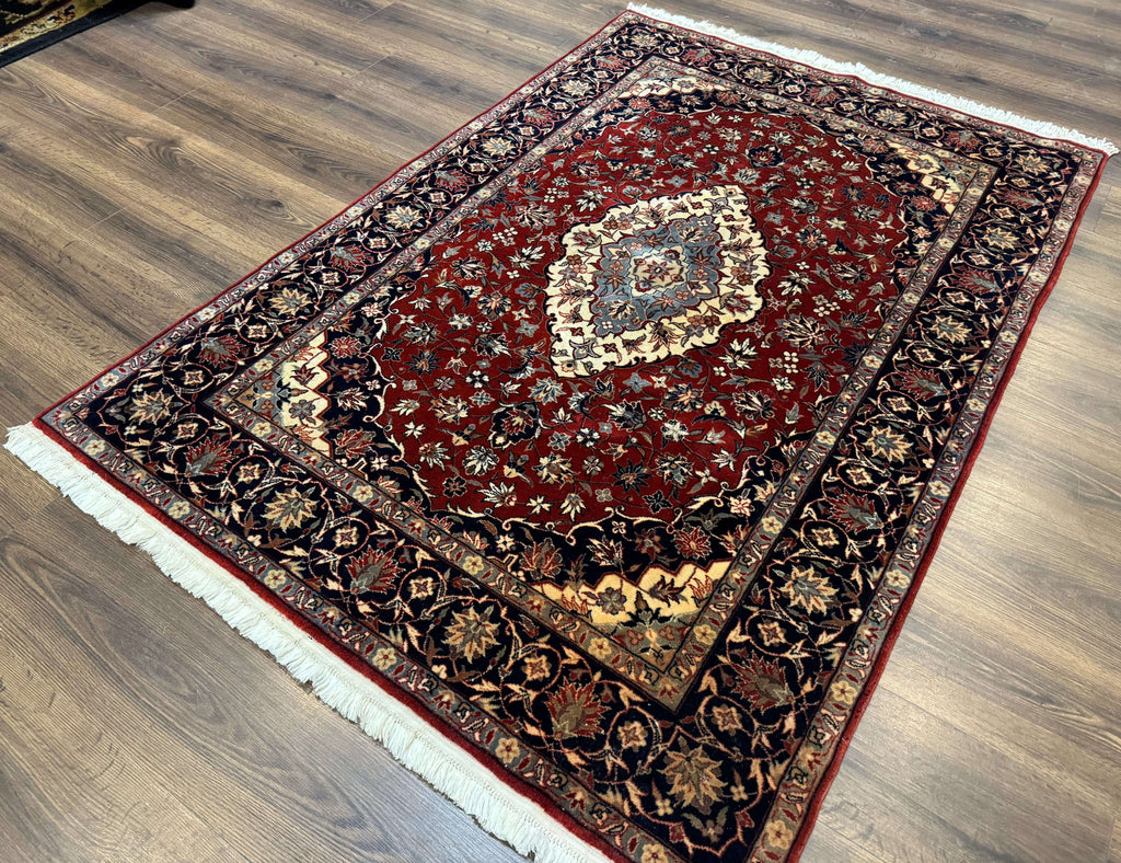 Sino Persian Rug 4x6, Traditional Wool Hand Knotted Carpet, Red Navy Blue, 225 KPSI
