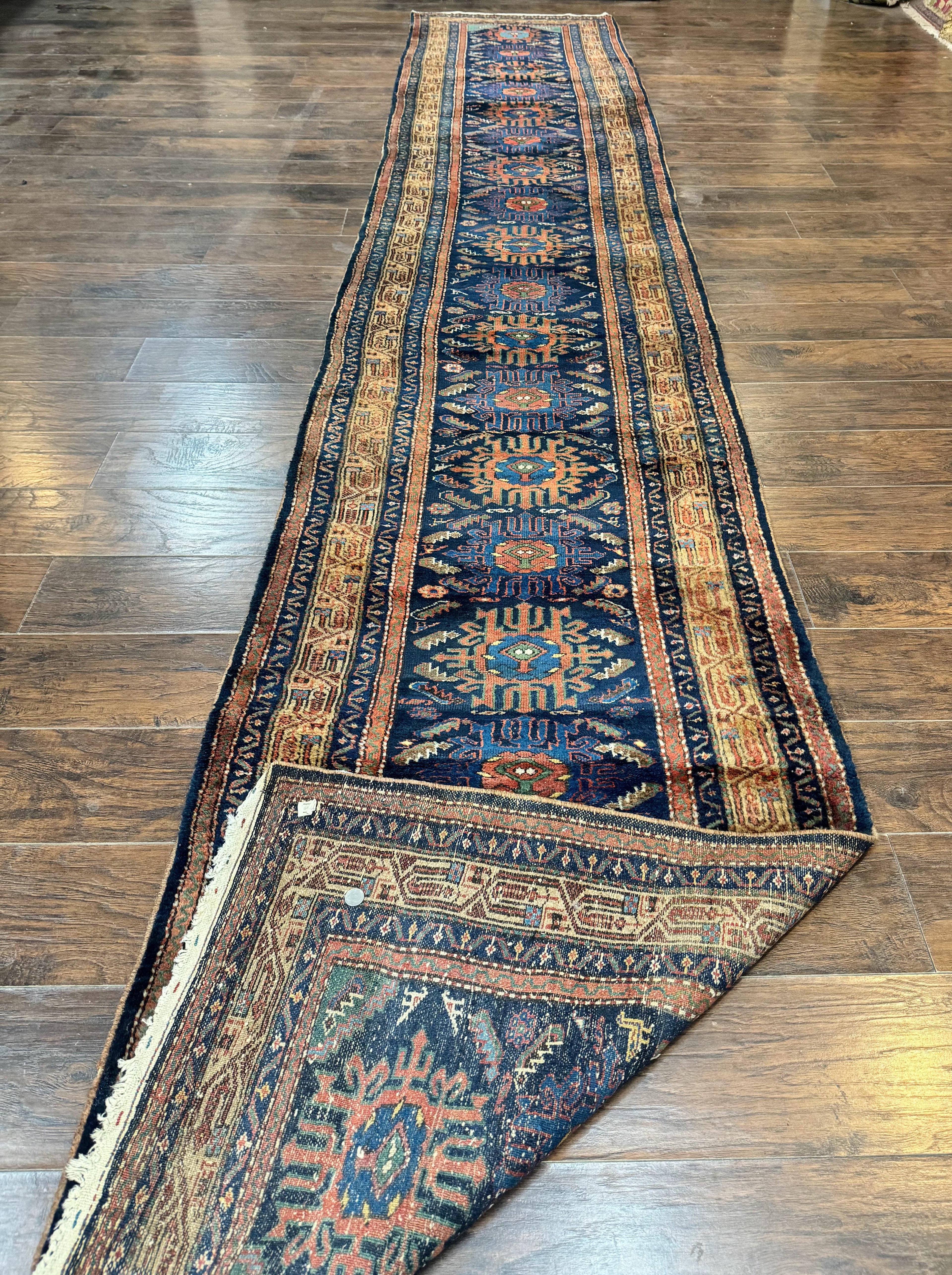 Antique Persian Sarab Runner 3x17, Blue Persian Runner Rug, Long Handmade Wool Carpet for Hallway, Rare, Tribal