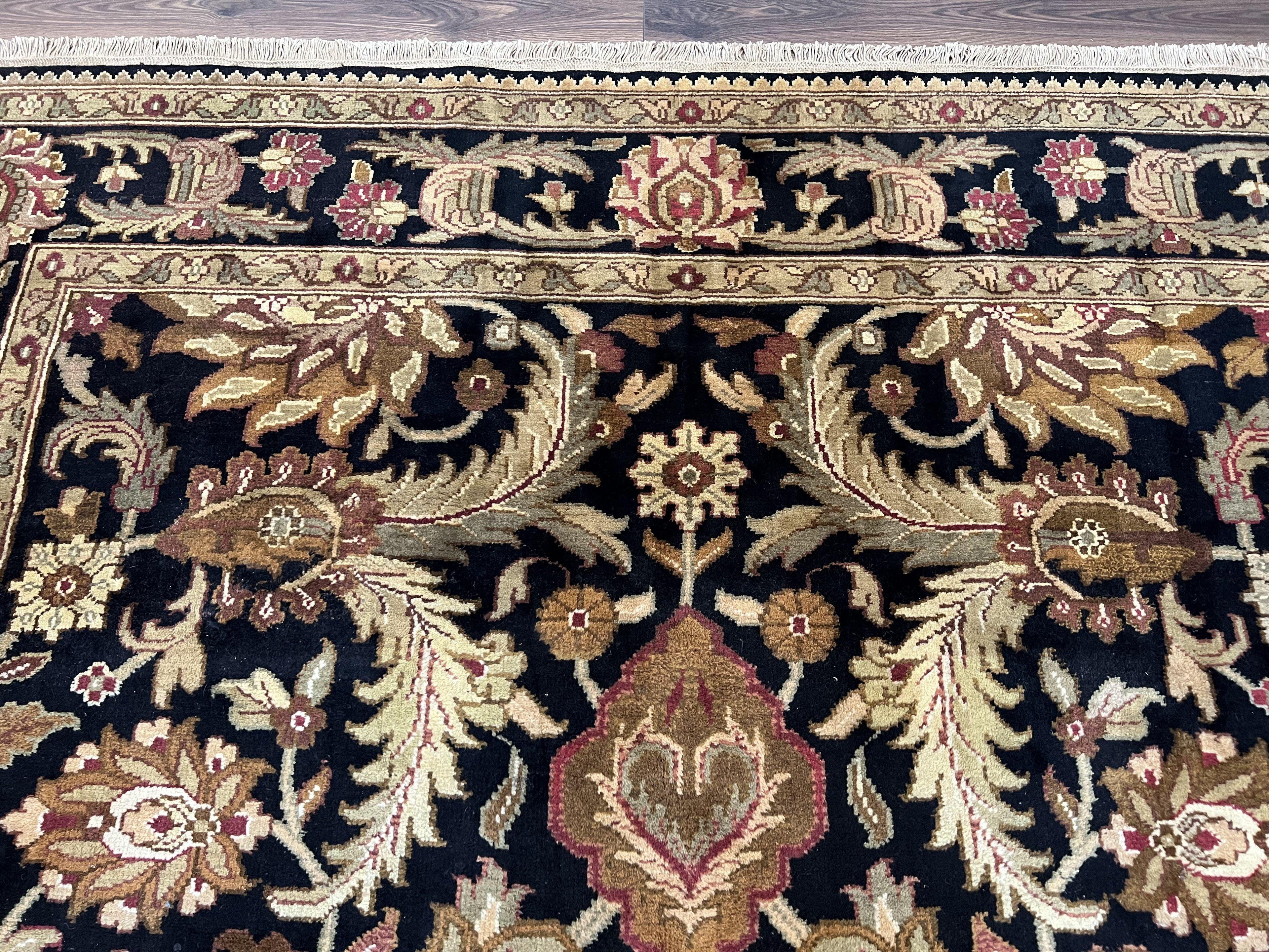 Indo Mahal Sultanabad Rug 8x11, Vintage Indian Oriental Carpet, Wool Handmade Floral Rug 8 x 11 ft, Black Beige Tan, Large Flowers Allover