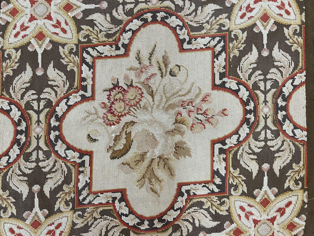 Needlepoint Runner Rug 2.8 x 9.8, Brown and Beige, Handwoven Handmade Floral French European Design, Vintage Flatweave 10ft Wool Runner Rug