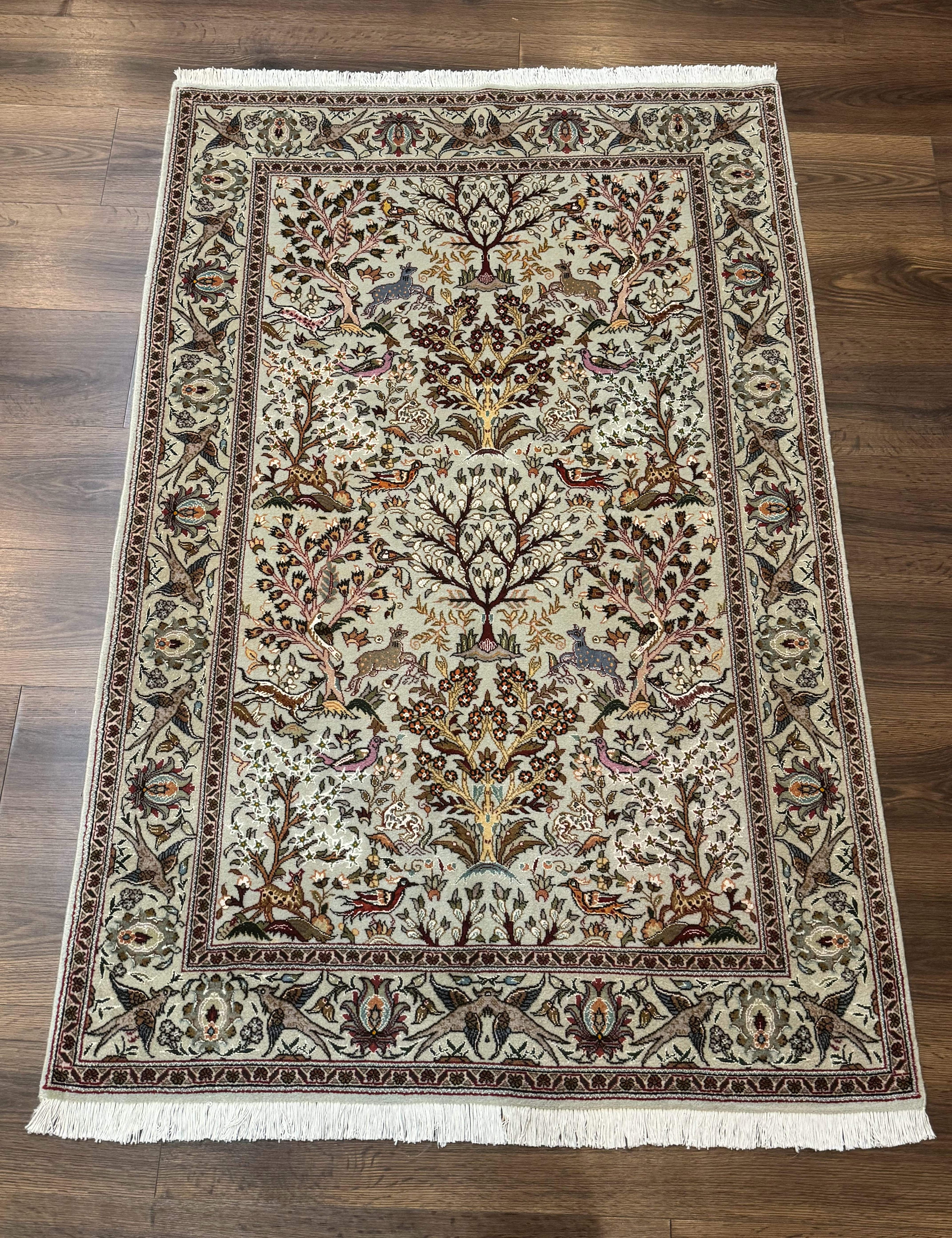 Wonderful Persian Tabriz Rug 3x5, Tree of Life, Animal Pictorials, Birds, Wool & Silk Highlights, Fine 330 KPSI
