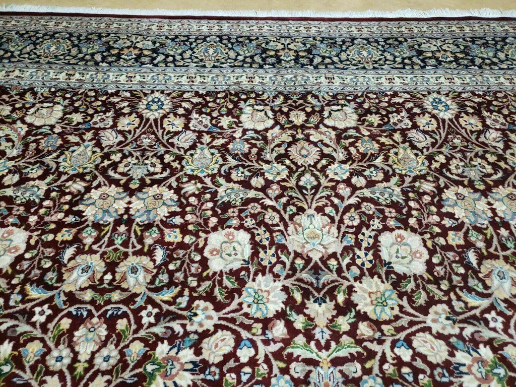 Persian Rug 9x12, Floral Allover, Very Fine, Handmade, Room Sized Oriental Carpet, Sino Persian, Maroon and Navy Blue