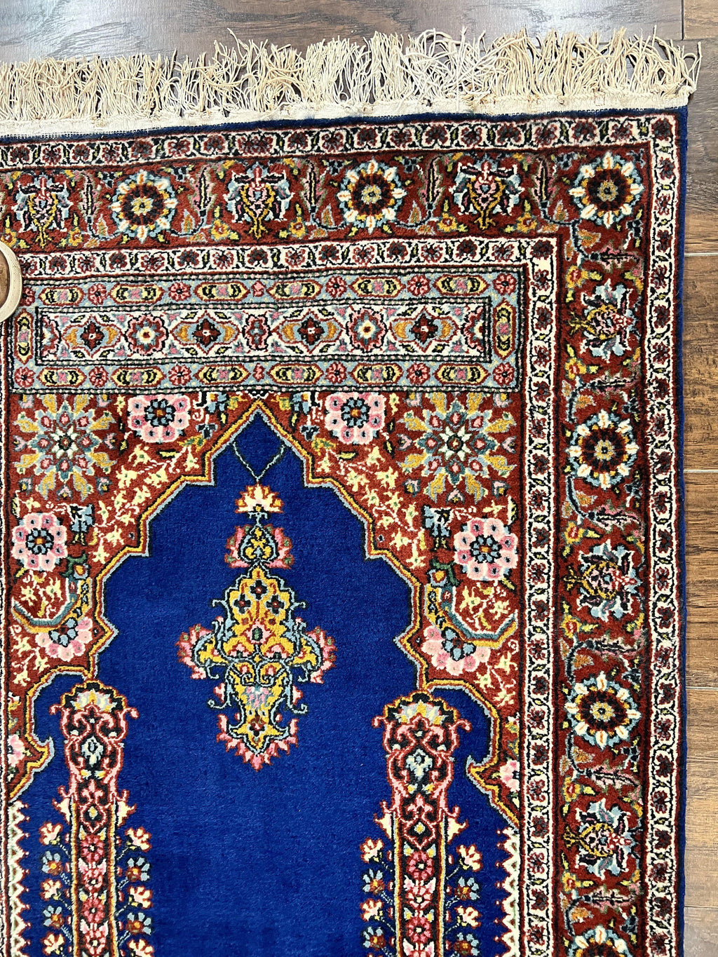 Indo Persian Prayer Rug 3x5, Fine Oriental Carpet, Dark Blue and Red, Vintage Hand Knotted Handmade Prayer Rug