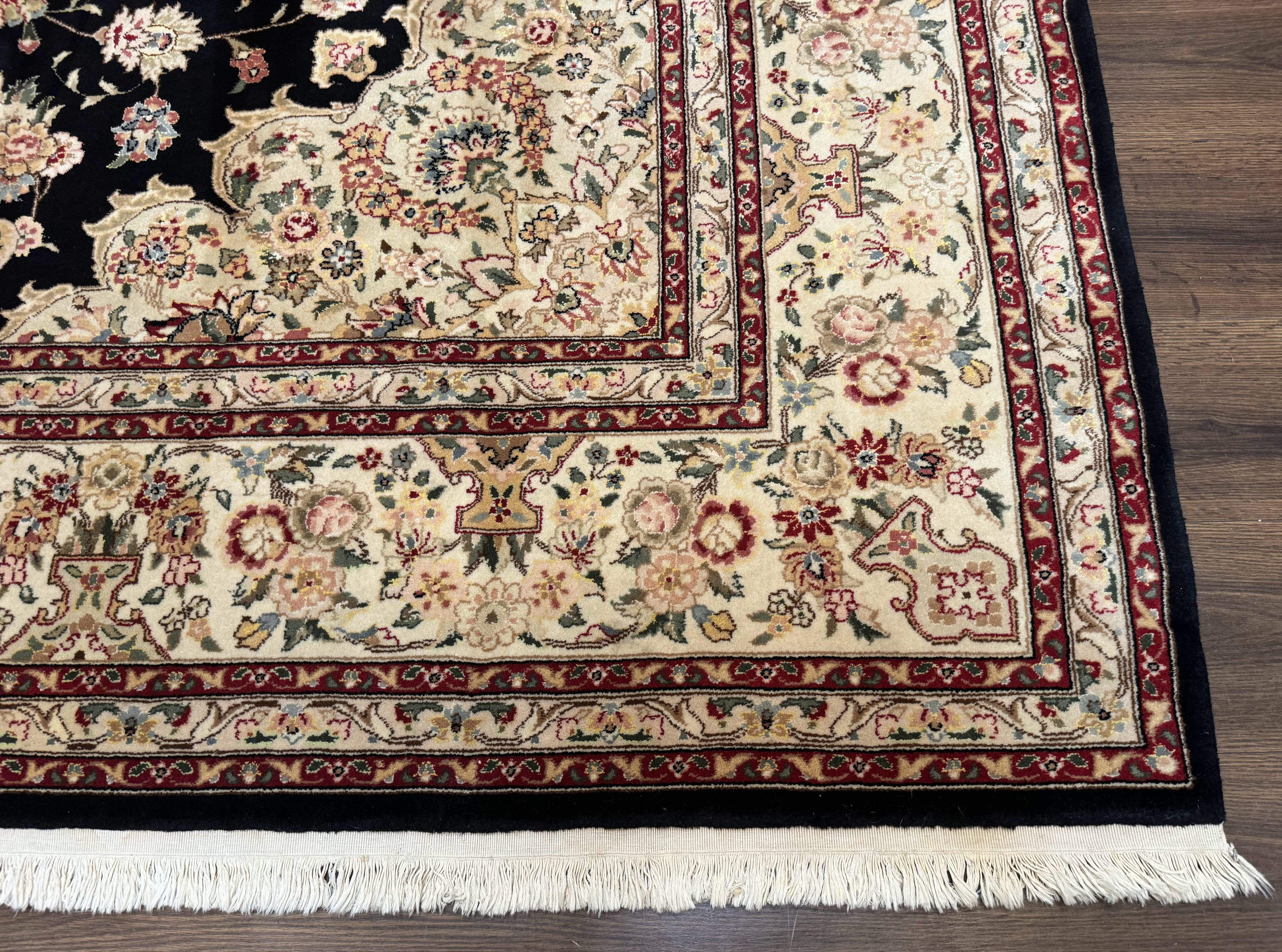 Sino Persian Rug 9x12, Black and Beige, Floral Medallion, Wool & Silk, Handmade