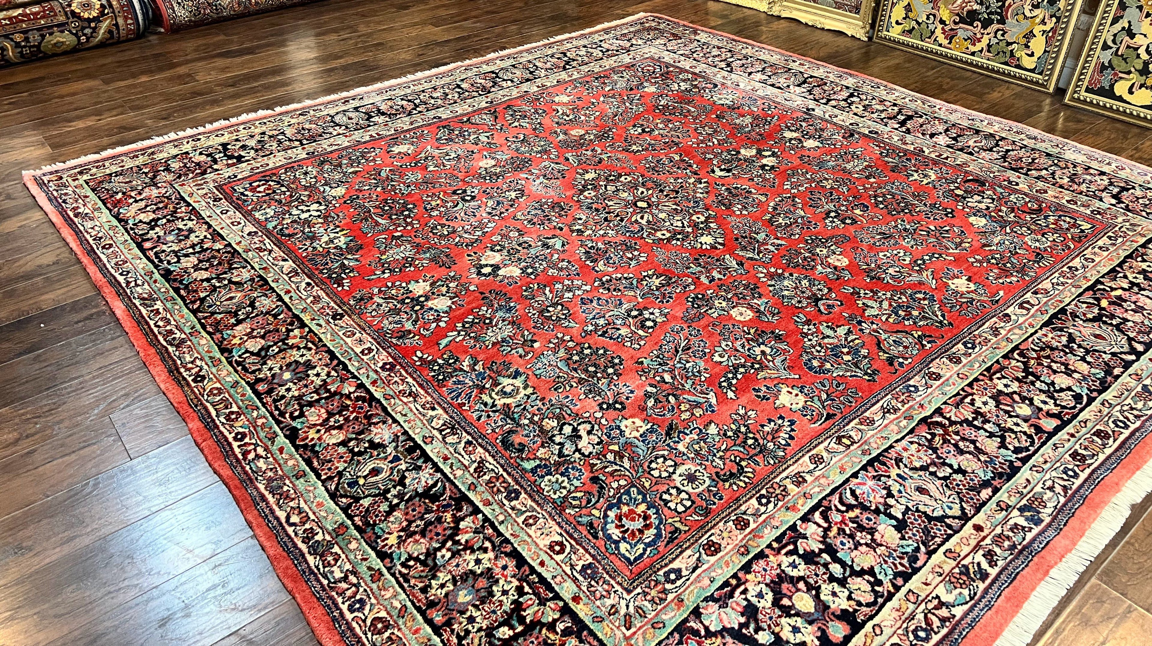 Square Persian Sarouk Rug 11x11 ft, Rare Size, Hand Knotted Wool Floral Allover Red Persian Carpet, Handmade Antique Rug