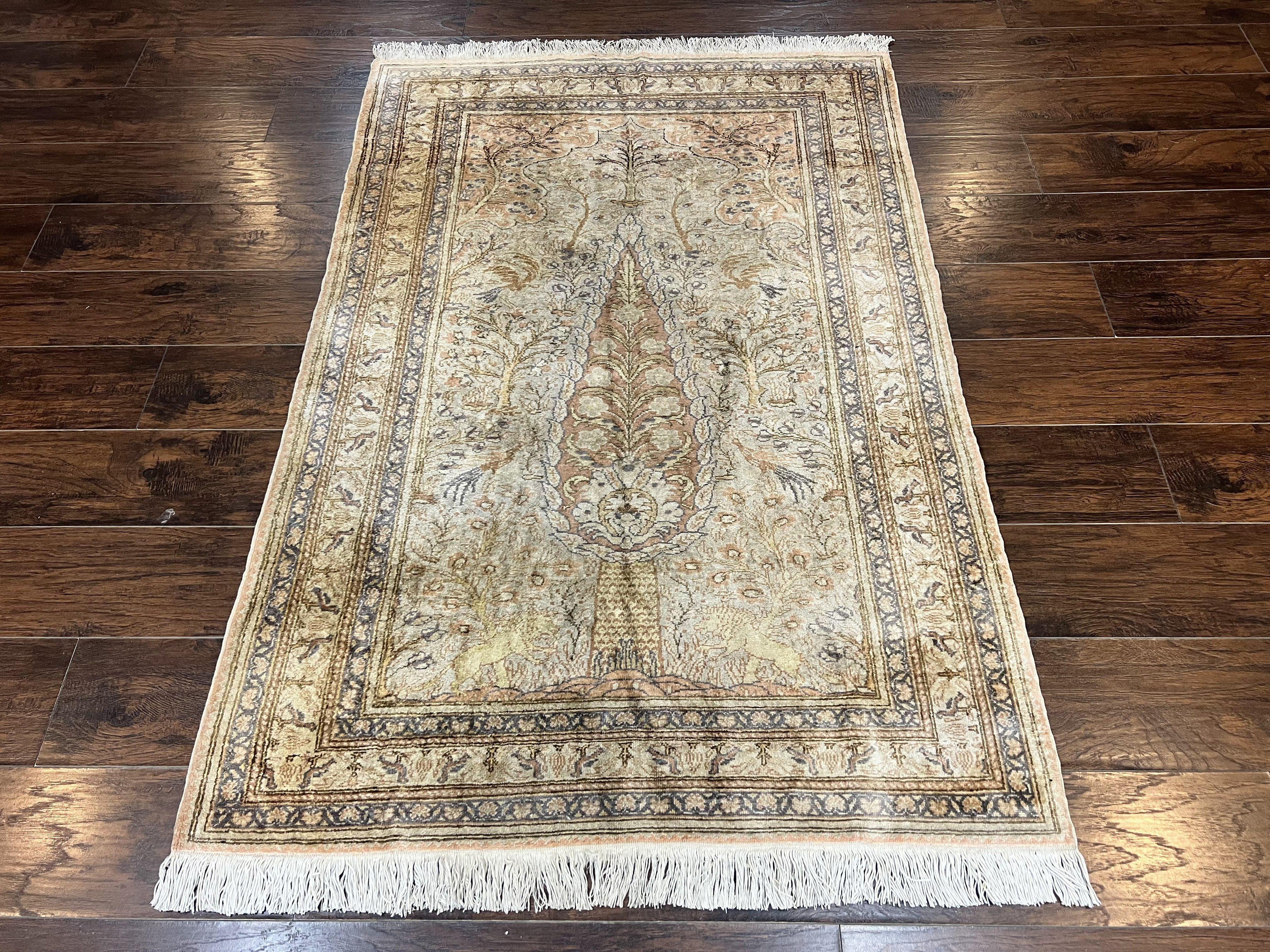 Turkish Kayseri Silk Rug 4x6, Tree of Life Pattern, Vintage Handmade Hand Knotted Carpet, Animal Pictorials, Birds