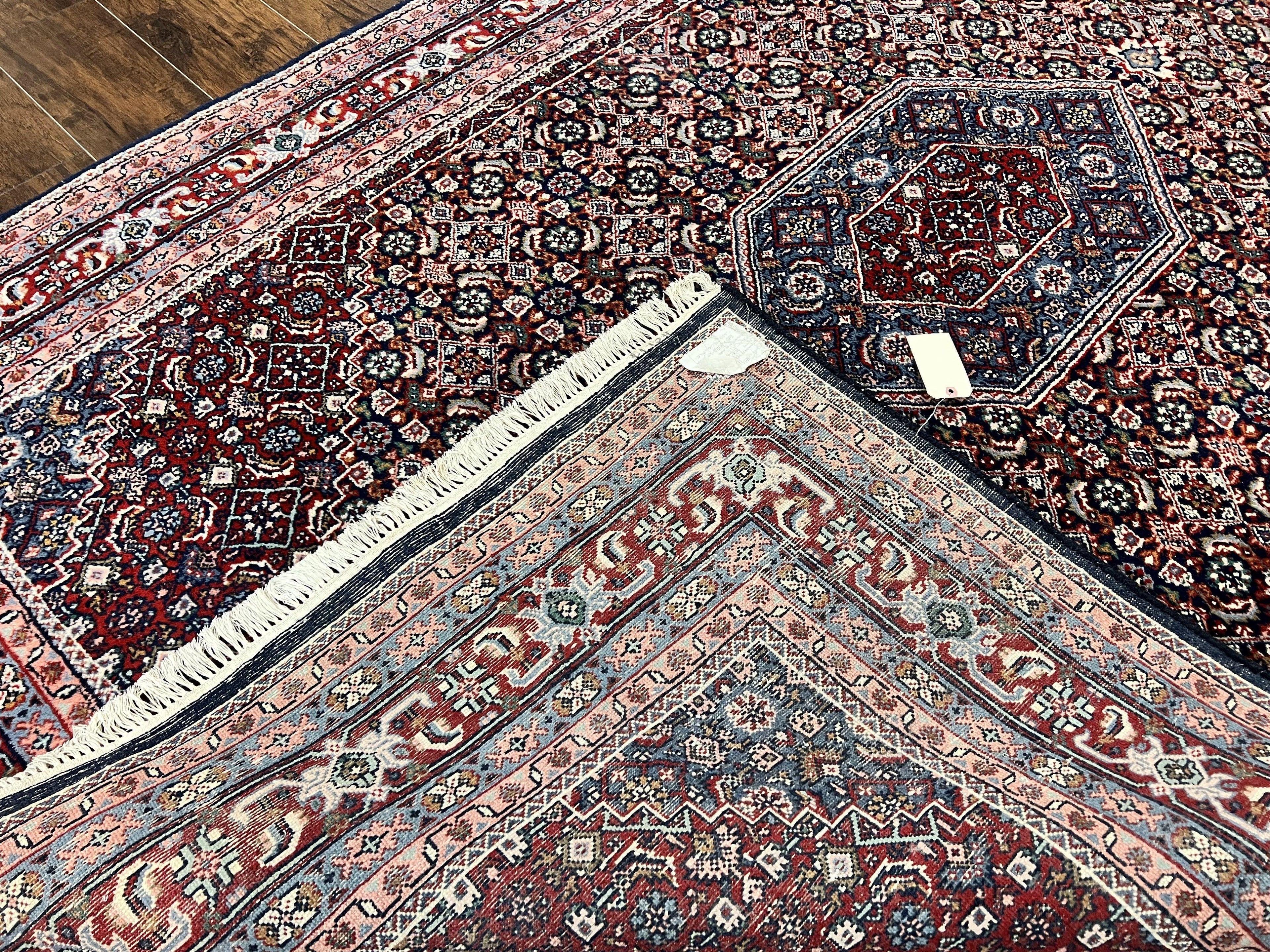 Indo Persian Rug 7x10, Dark Blue and Red Hand Knotted Wool Vintage Oriental Carpet 7 x 10 ft, Handmade Bidjar Rug, Herati Pattern Indian Rug