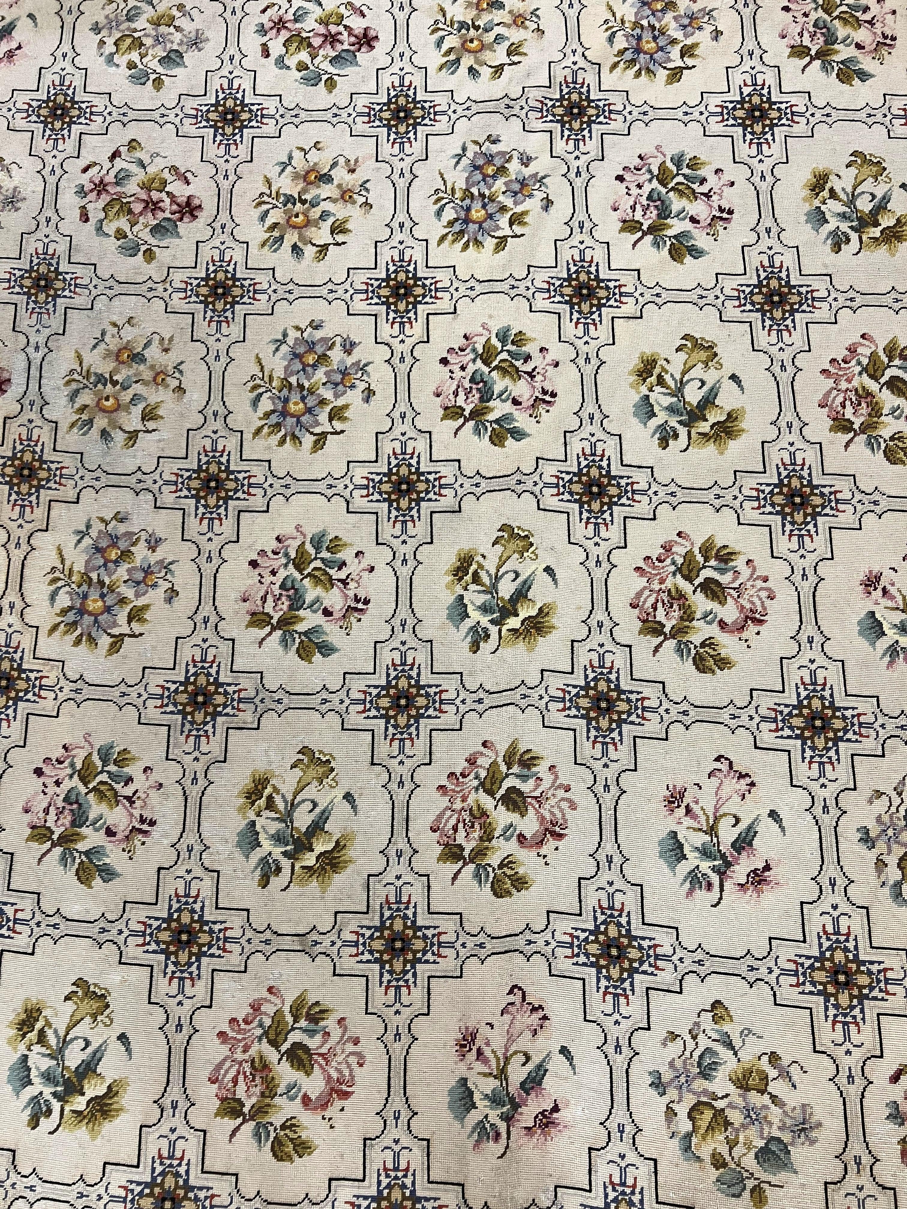 Needlepoint Rug 10x14, Wool Handmade Vintage Needlepoint Carpet, Floral Panel Design, Ivory/Cream