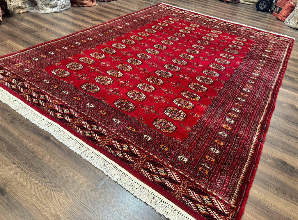 Red Turkoman Bokhara Rug 8x11, Pakistani Turkmen Carpet, Vintage Traditional Area Rug