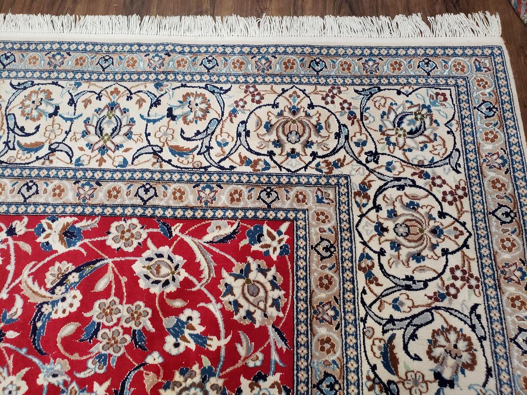 Persian Nain Rug 8x12, Red and Ivory, Signed