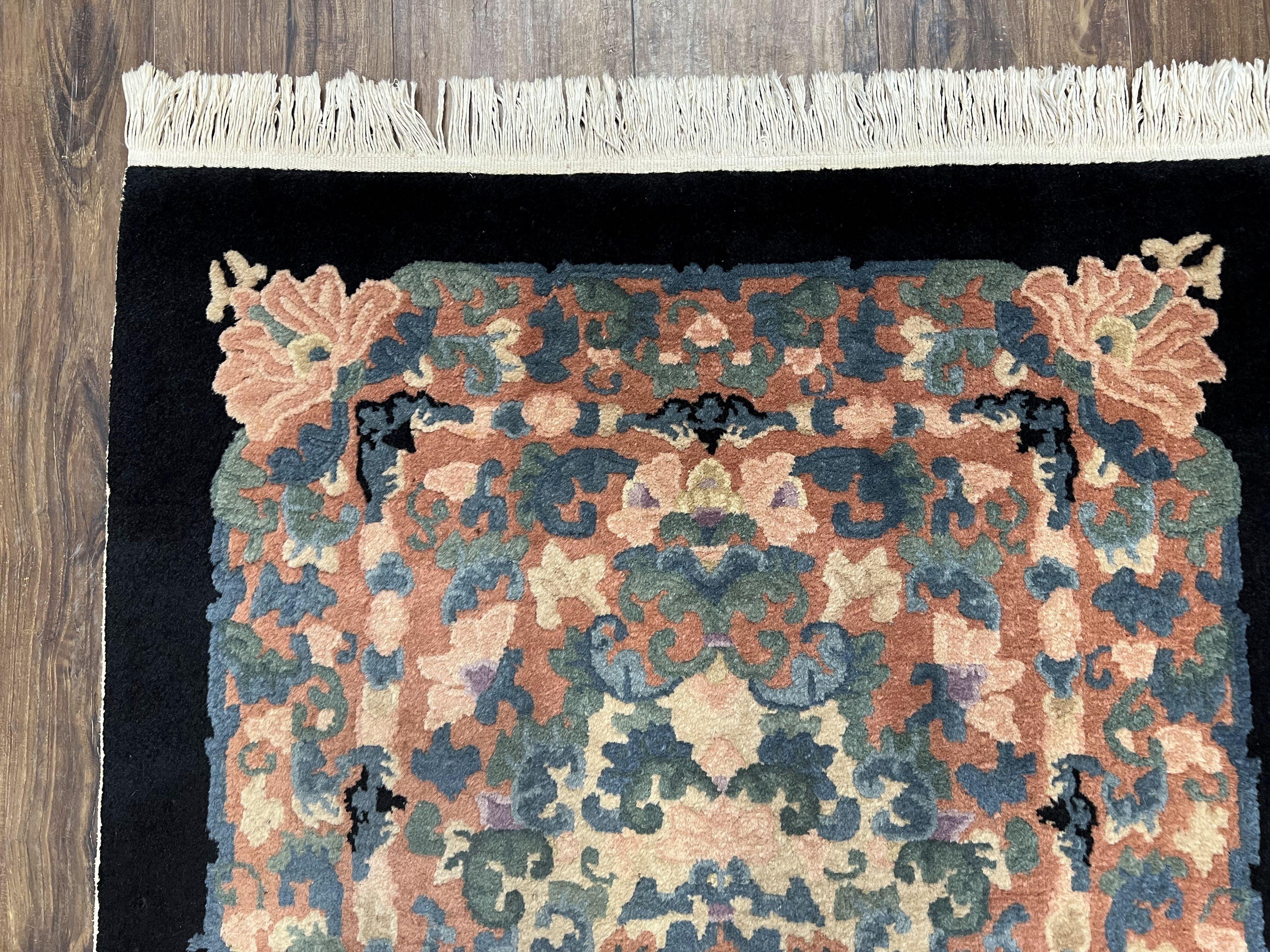 Chinese Art Deco Rug 3x5, Black and Beige Chinese Carpet 3 x 5, Vintage Rug, 1950s Rug, Floral Rug, Handmade Rug, Art Deco Rug, Wool Rug