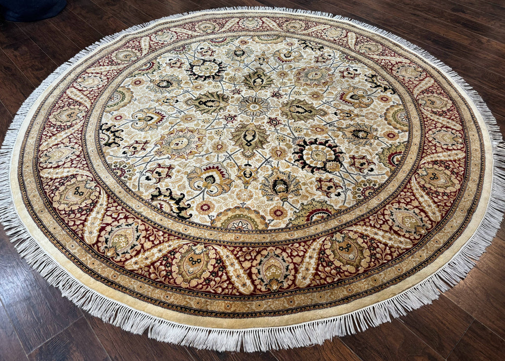Round Pak Persian Rug 8x8, Vintage Handmade Wool Traditional Carpet, Beige Dark Red, Fine 270 KPSI
