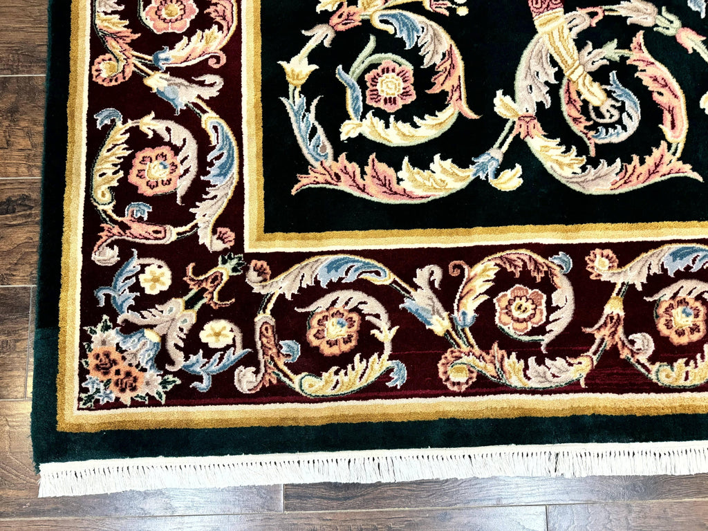 Aubusson Rug 9x12, Dark Green, European Design, Vintage Fine Handmade Carpet, Elegant