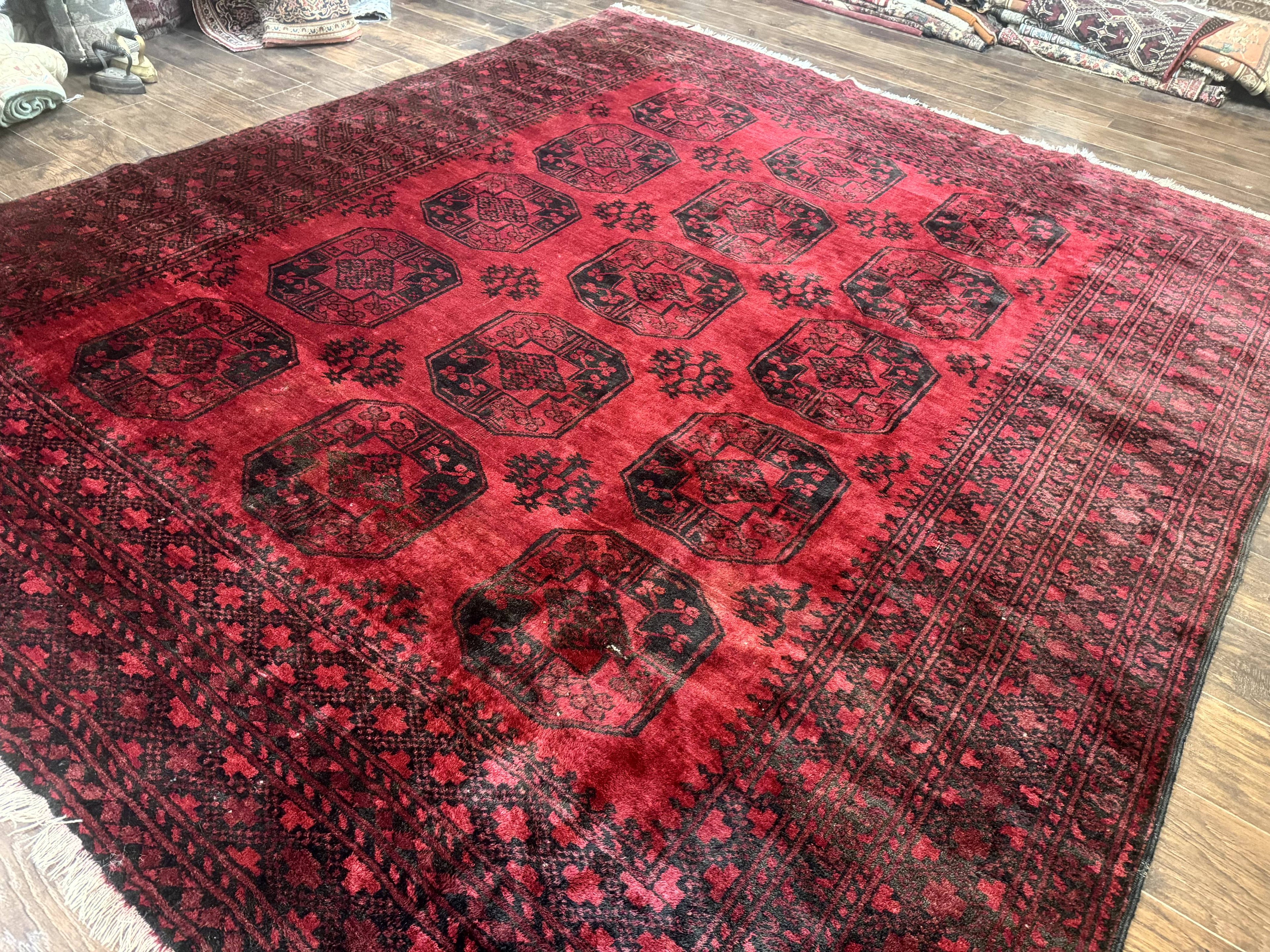 Afghan Turkoman Rug 9x10, Red Beshir Carpet, Tribal, Wool, Antique
