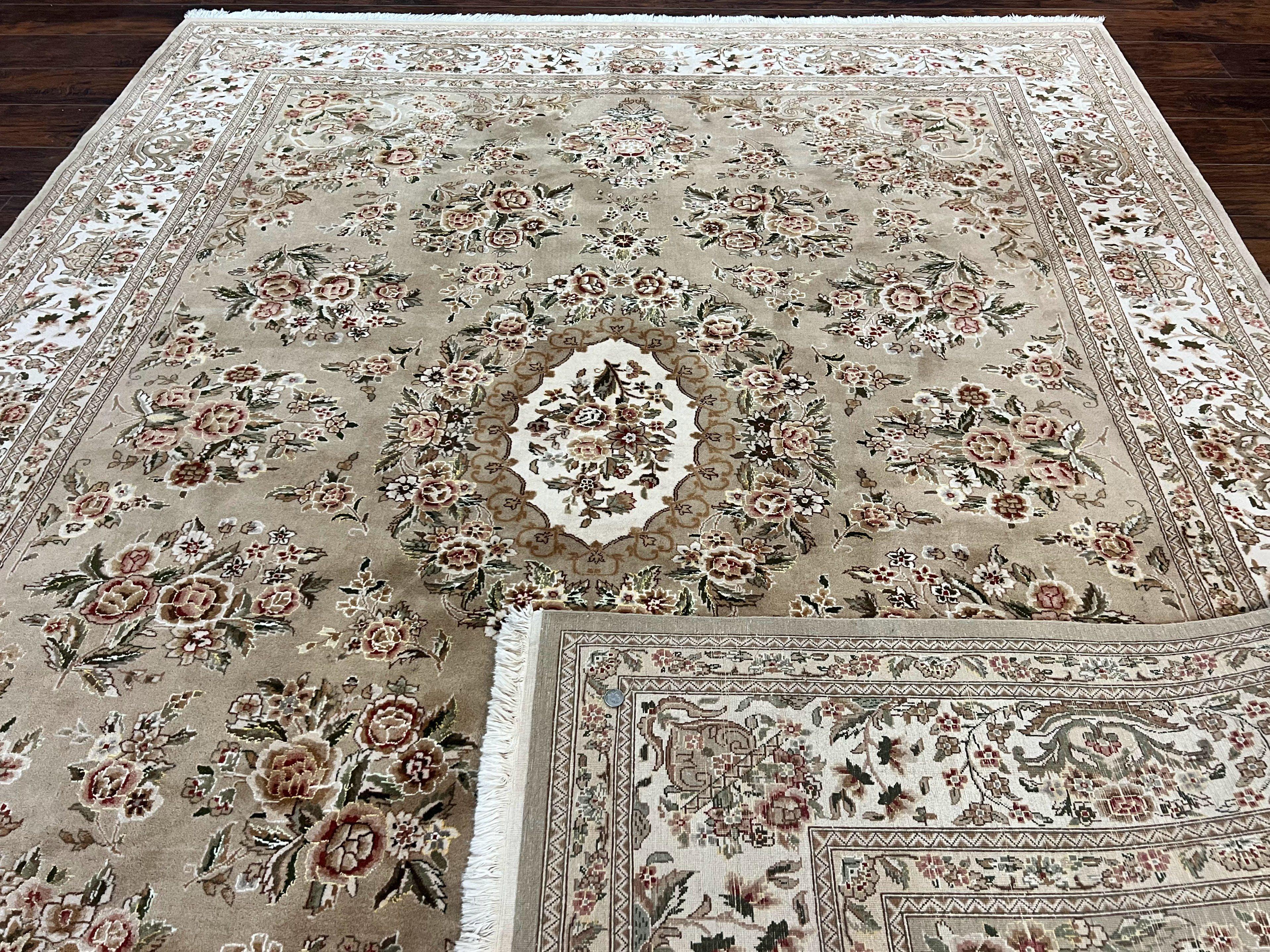 Sino Persian Rug 8x10, Soft Wool, Silk Highlights, Hand Knotted Vintage Carpet, Taupe & Ivory, Floral, Traditional Rug 8 x 10
