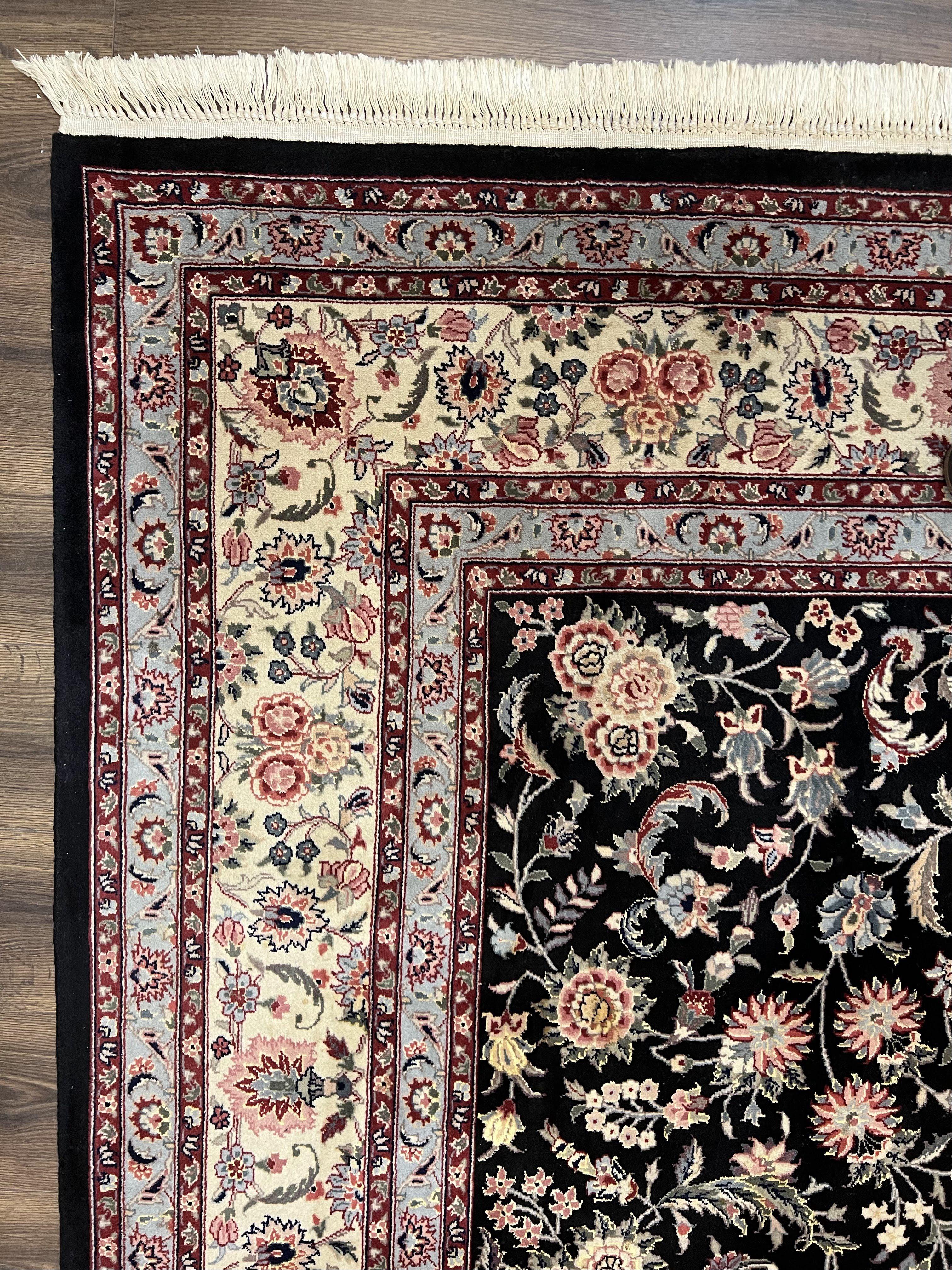 Pak Persian Rug 9x12, Floral Allover, Hand Knotted Oriental Carpet 9 x 12 ft, Black and Cream, Detailed, Wool with Silk Highlights, Vintage