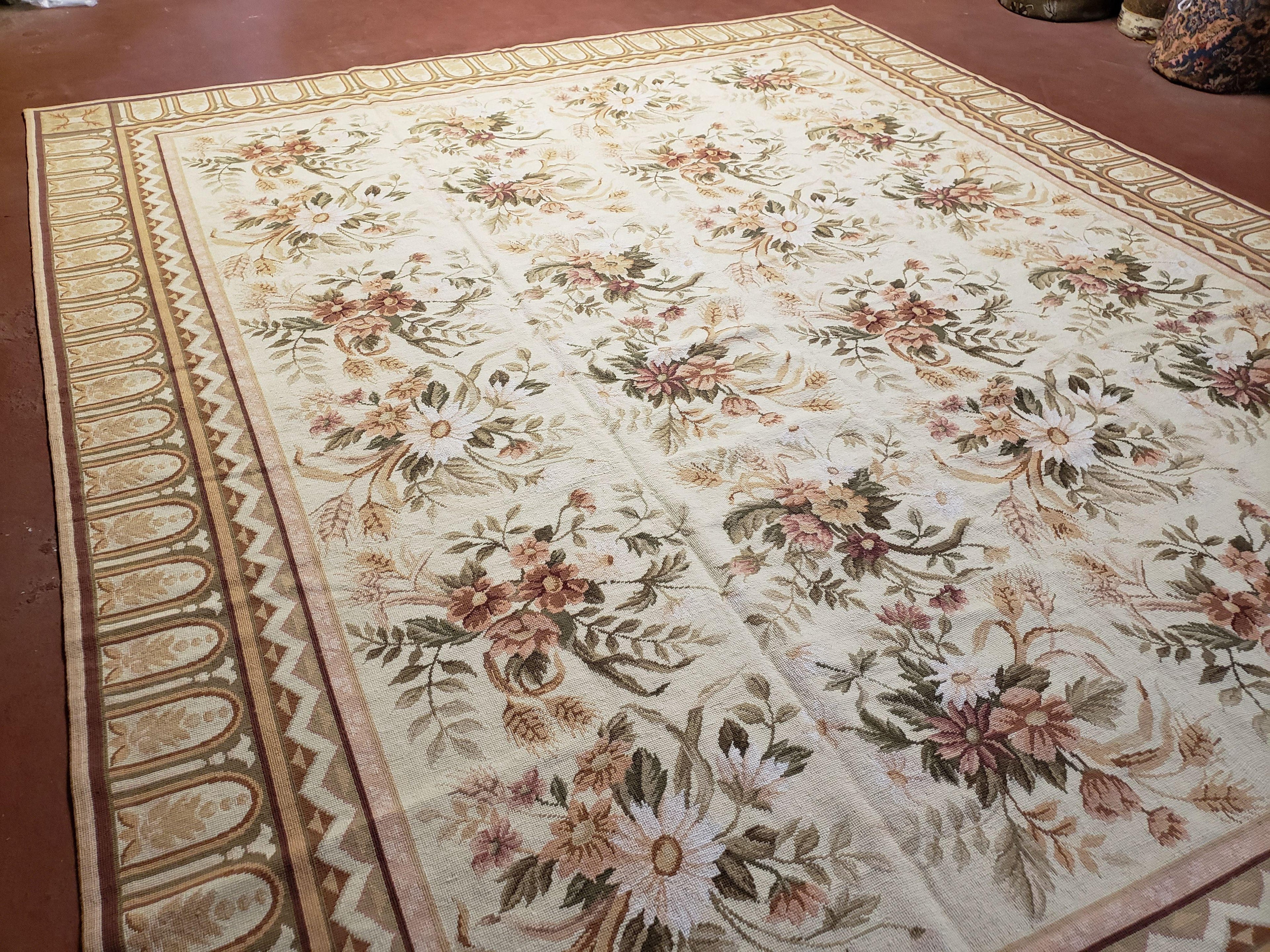 Needlepoint Rug 8x10 Aubusson Rug Victorian Floral Rug Handmade French Style French Decor Garden Panel Beige 8 x 10 Area Rug 100% Wool