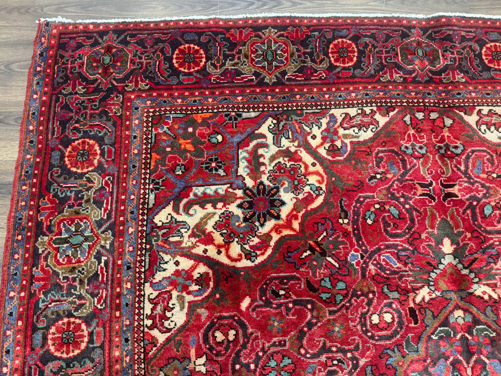 Persian Heriz Rug 7x10, Red and Navy, Geometric Medallion, Vintage Wool Carpet