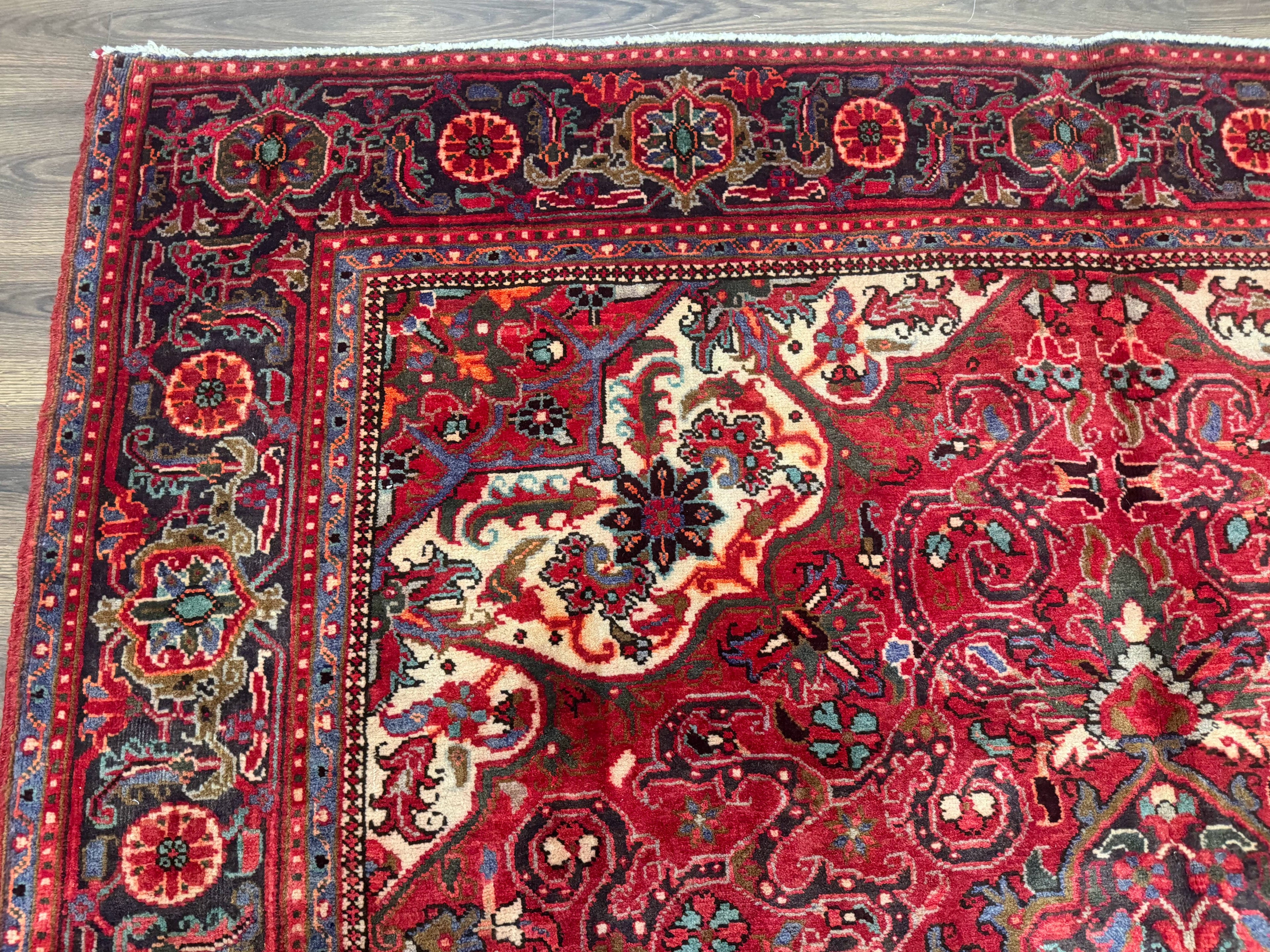 Persian Heriz Rug 7x10, Red and Navy, Geometric Medallion, Vintage Wool Carpet