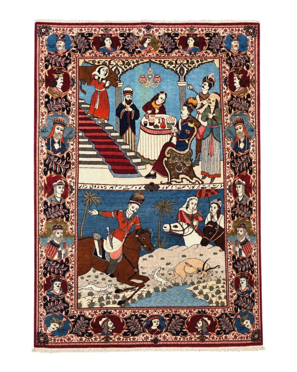 Rare Persian Kashan Pictorial Rug 6x9, King Bahram Hunting Scene, Persian Kings, Hand Knotted Persian Rug for Wall Hanging, Antique, Wool
