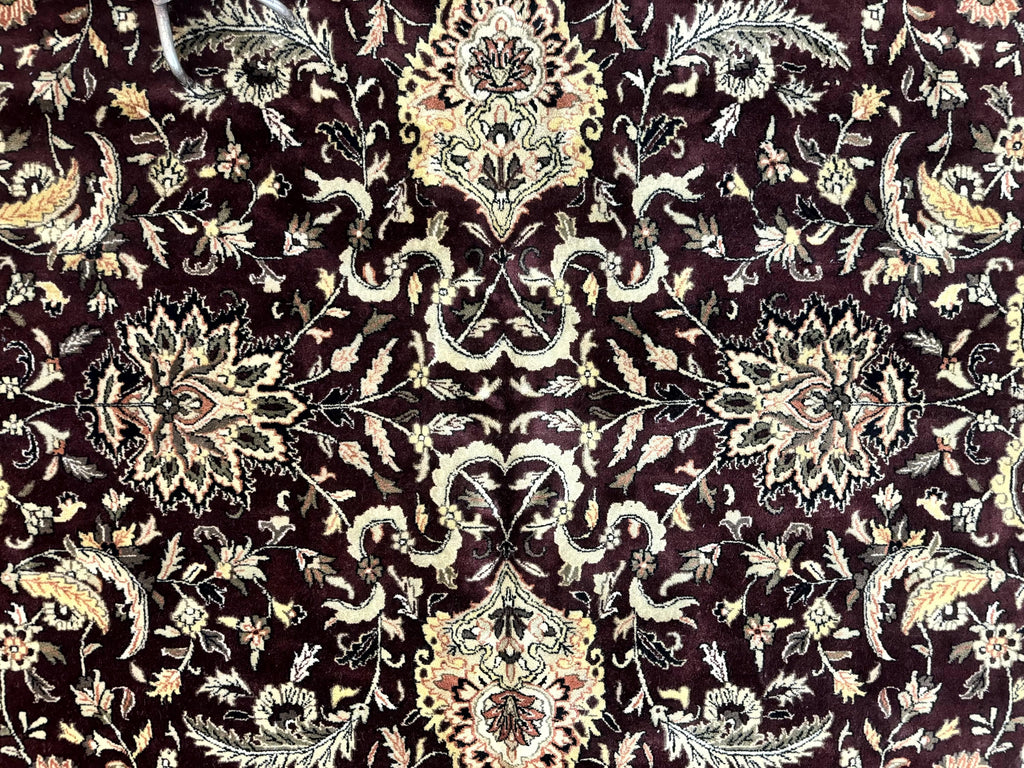 Indo Persian Rug 10x14, Floral Allover, Handmade Vintage Wool Rug, Dark Maroon/Plum and Black