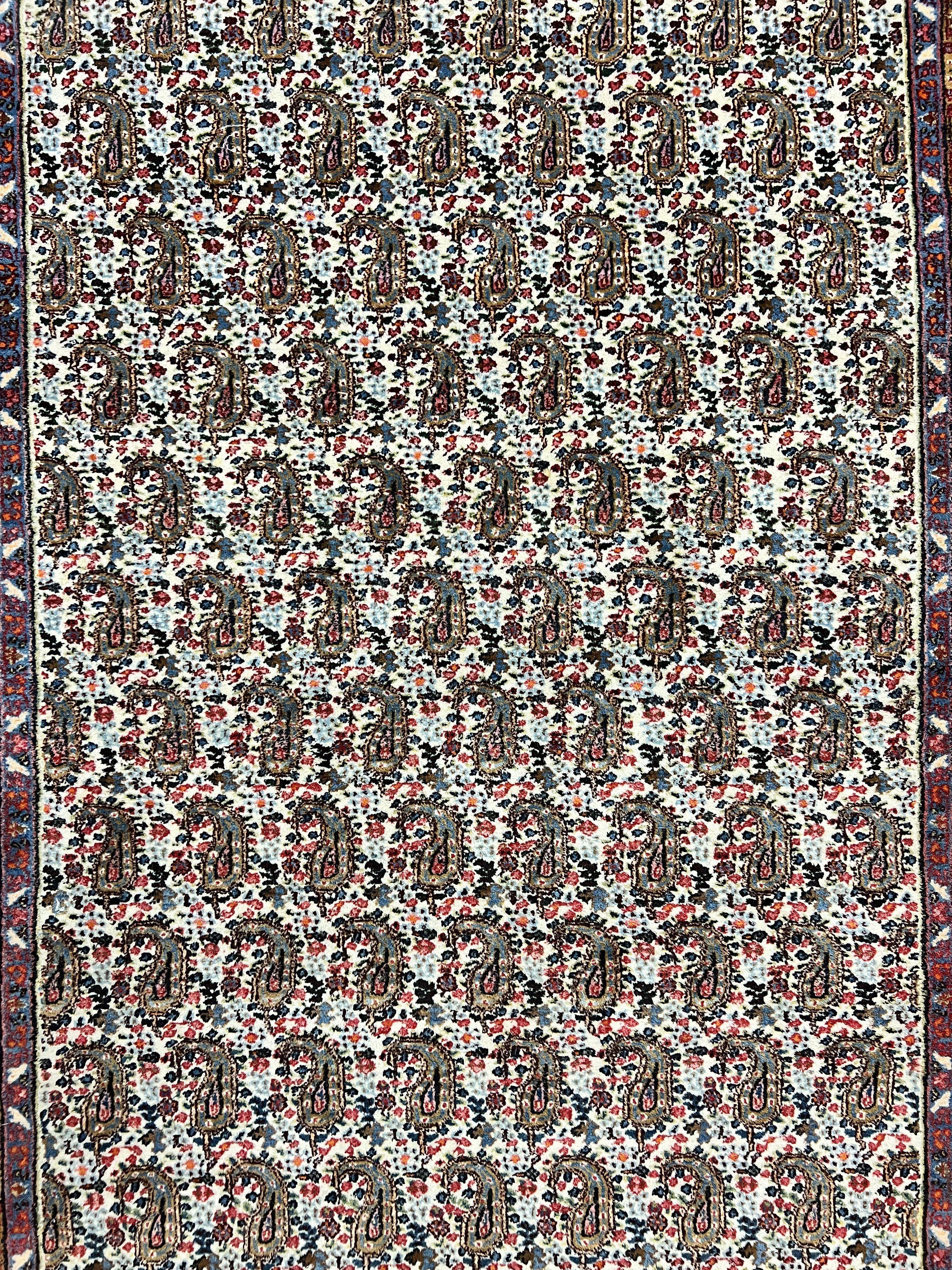 Persian Rug 4x6, Mashad Kashmar Rug, Boteh Paisley Design, Allover Repeated Pattern, Ivory Hand Knotted Vintage Semi Antique Persian Oriental Carpet