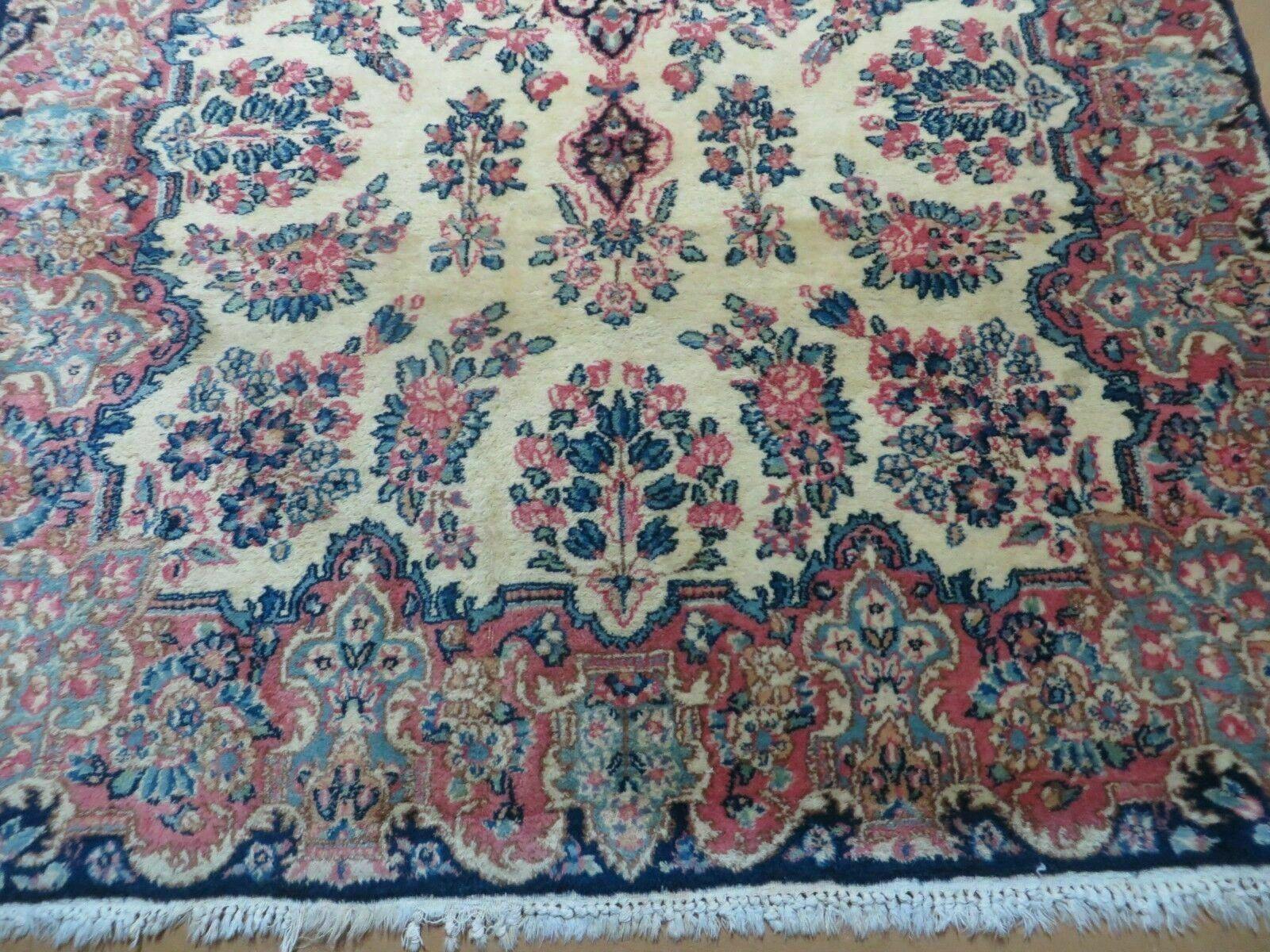Antique Persian Kirman Rug 3.9 x 6.6, Floral Oriental Carpet, Ivory/Cream - Blue - Pink, Hand Knotted Wool Rug, Floral Medallion Rug 4x6