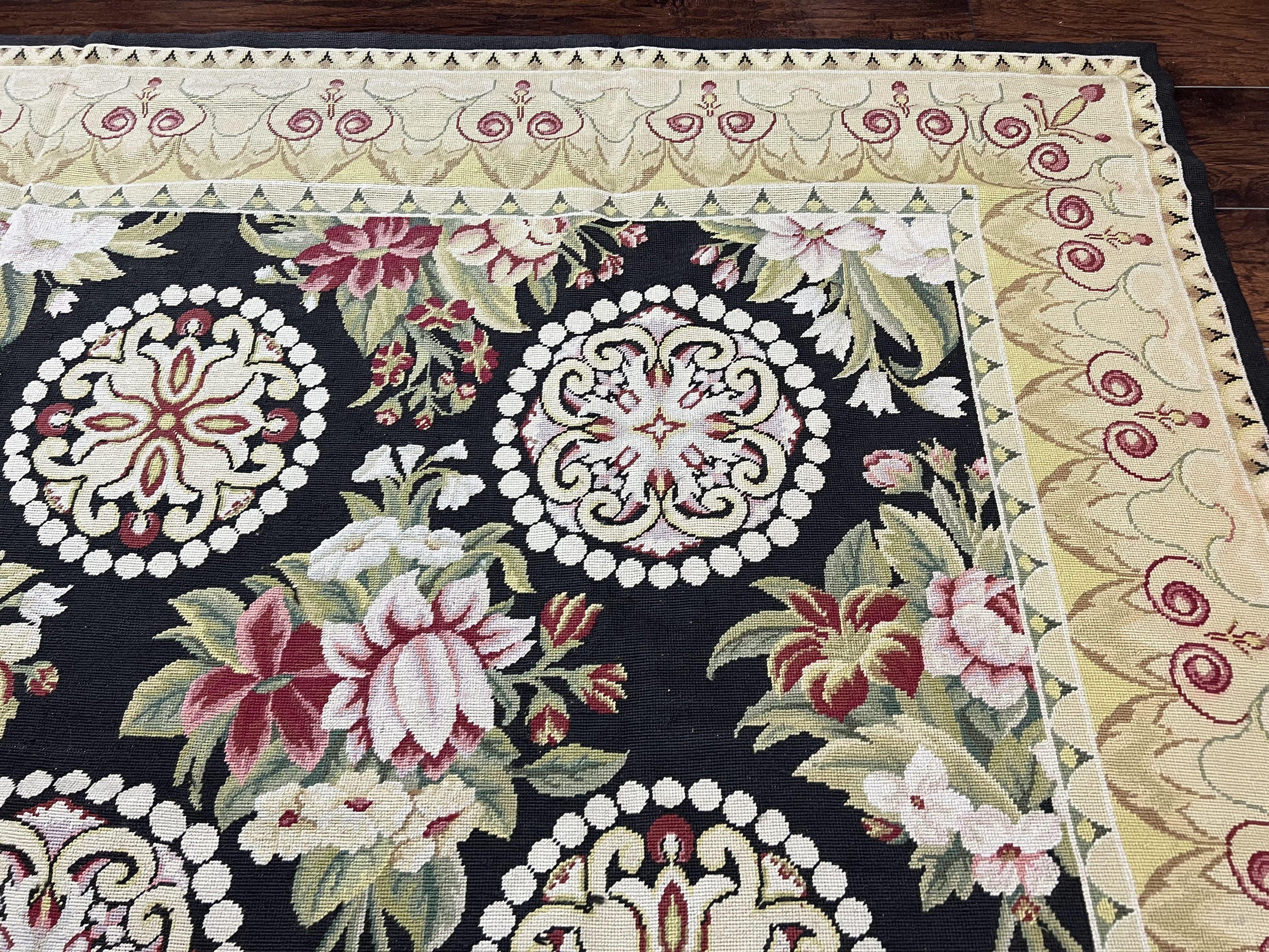 9x12 Black Needlepoint Rug, European Floral Panel Design, Handwoven, Vintage Chinese Needlepoint, Black Green Beige, Wool Rug 9 x 12