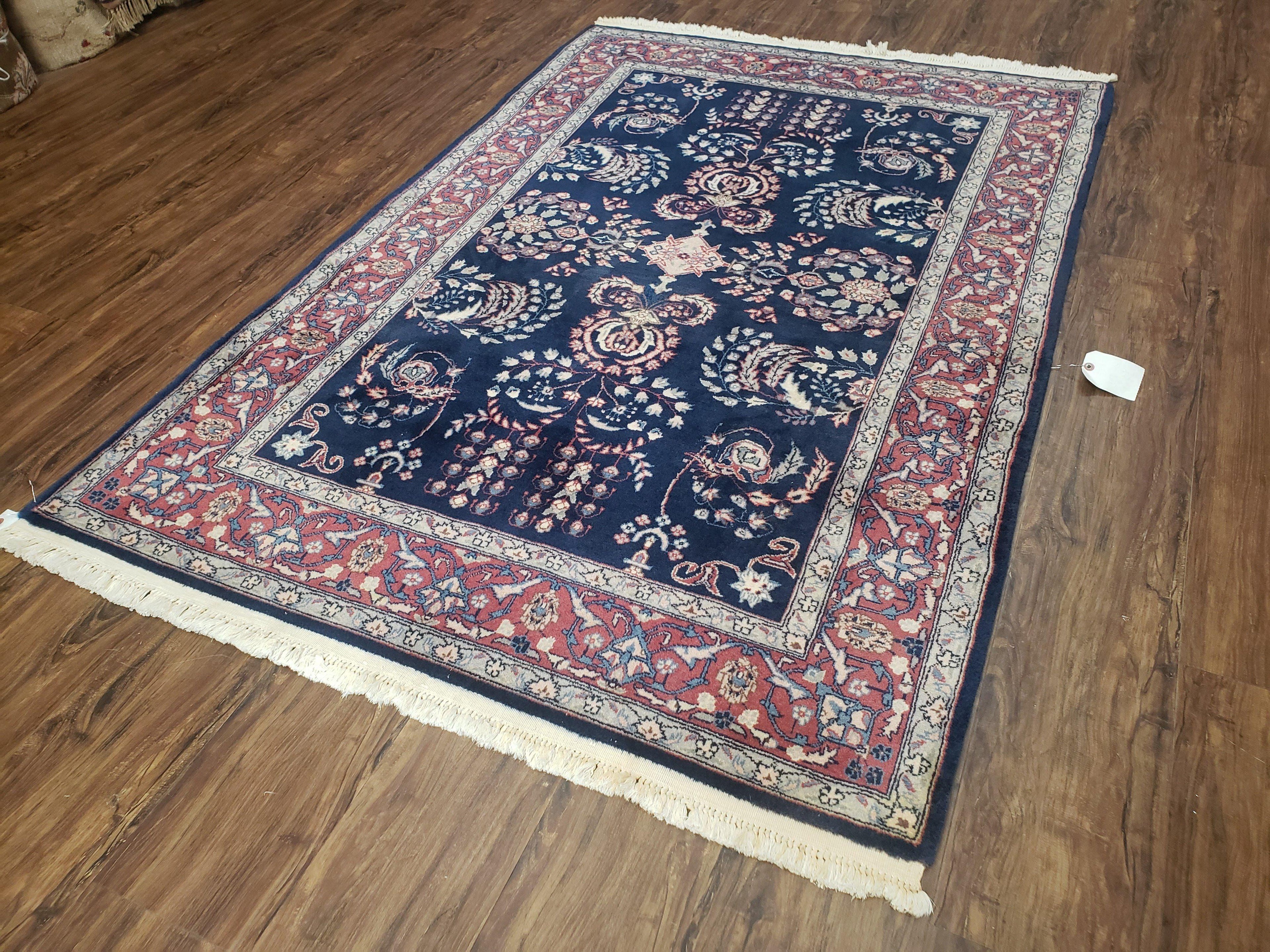 Dark Blue Indo Persian Rug 4x6, Medium Size Hand Knotted Oriental Carpet, Traditional Floral Indian Rug, Blue and Red Entryway Rug, Wool Rug