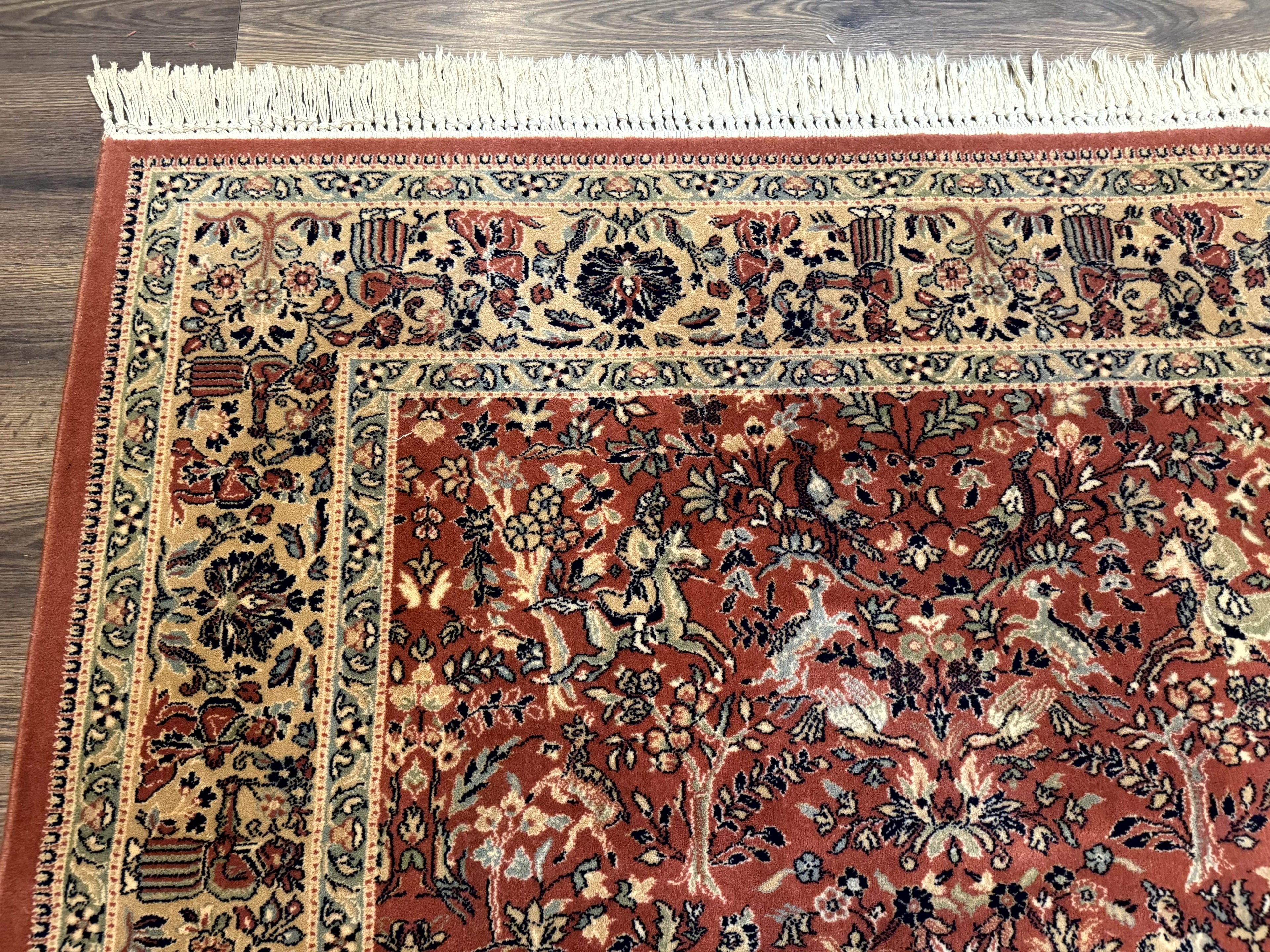 Persian Area Rug 8 x 11.6, Wool, Royal Hunting Scene, Vintage Couristan Rug, Red, Allover Pattern, Belgium Power Loomed