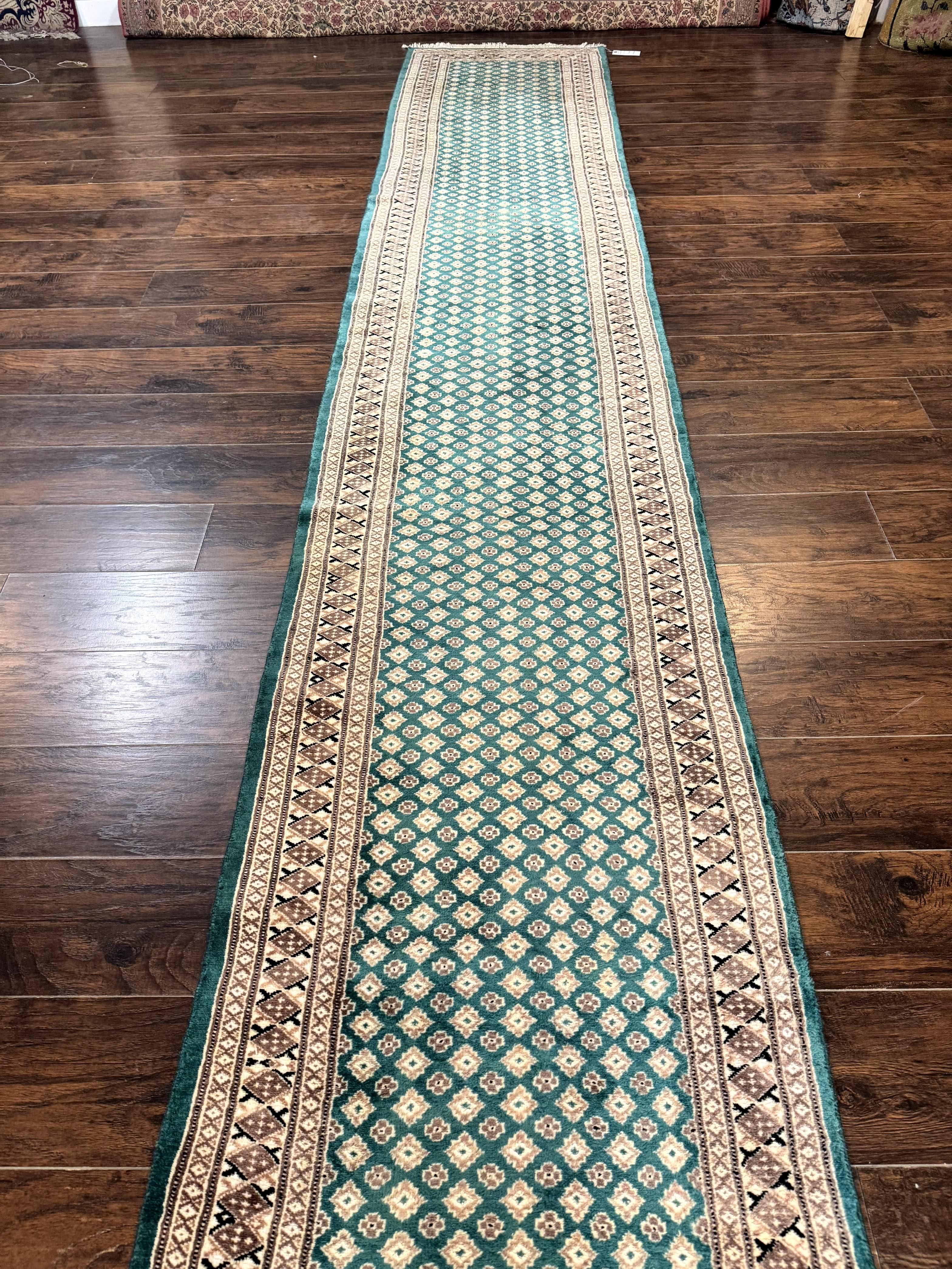 Long Pakistani Runner Rug 2.8 x 20, Hand Knotted Vintage Wool Hallway Rug, Turkoman Rug, Teal and Tan, Handmade Vintage Wool Runner