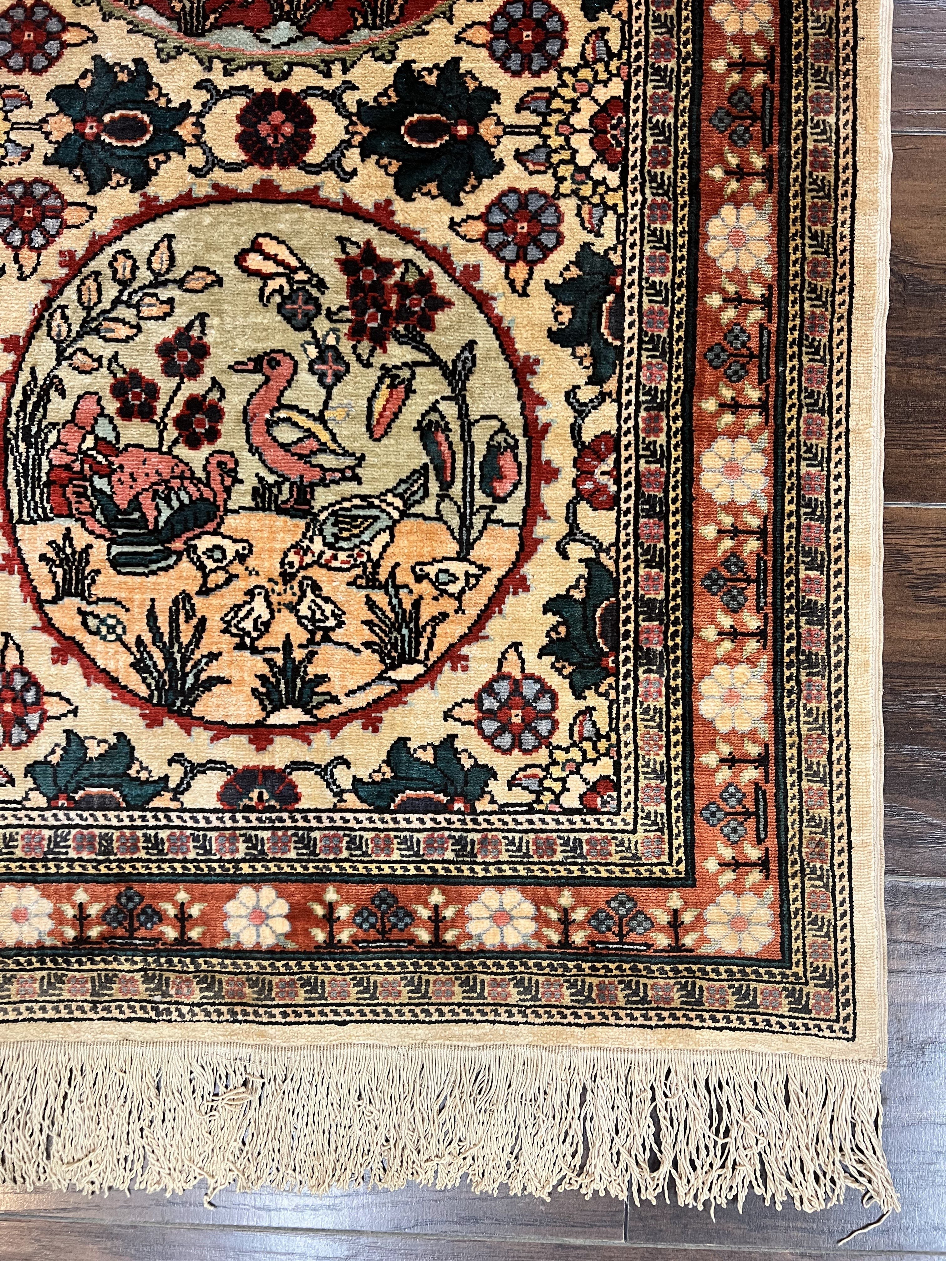 Silk Turkish Rug 2x4, Fine Handmade Oriental Rug, Animal Pictorial Birds Silk Pile on Silk Foundation Vintage Hand Knotted Hereke Carpet