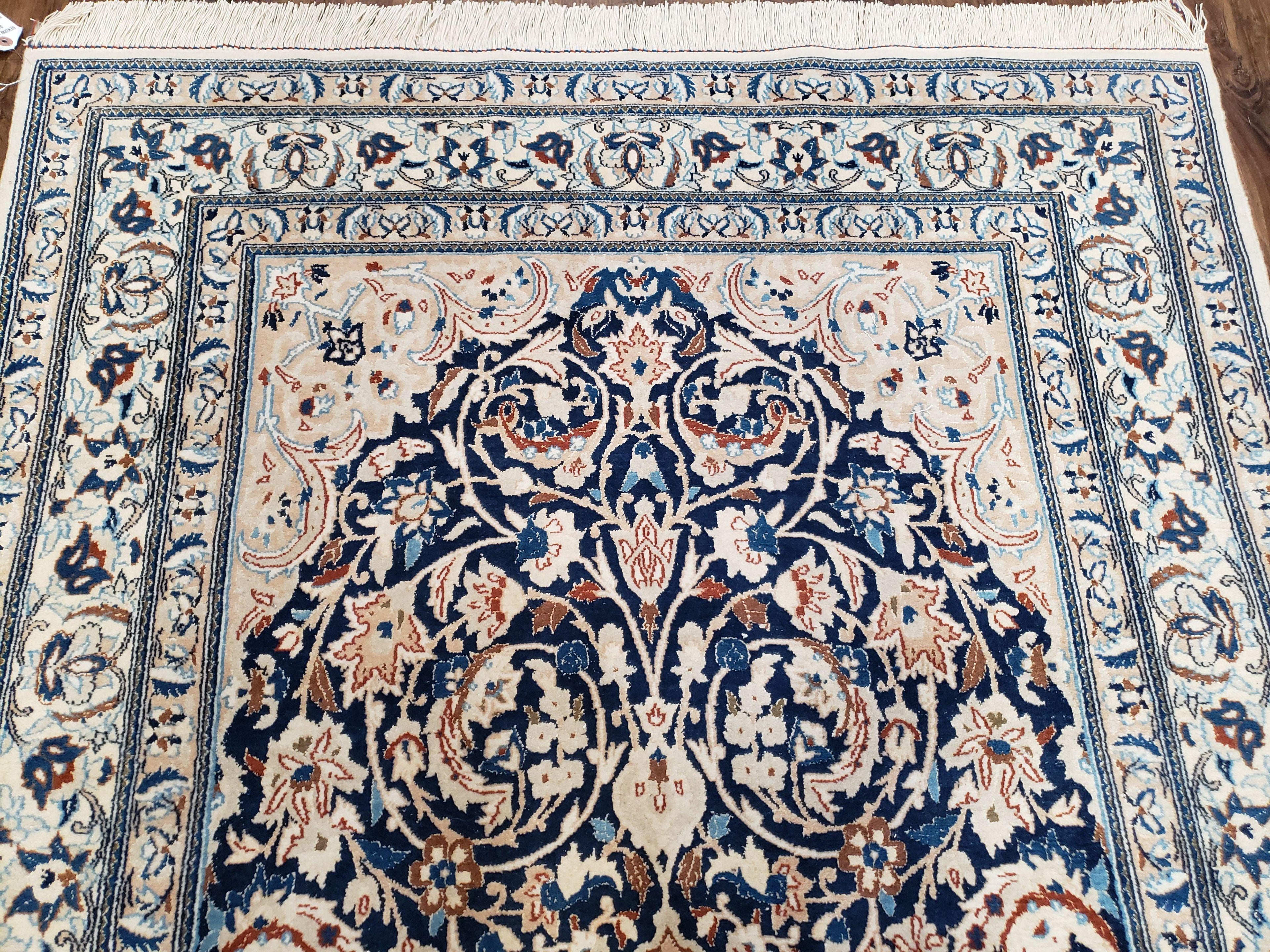 Persian Nain Rug 4x6, Ivory and Blue, Hand-Knotted, Wool & Silk