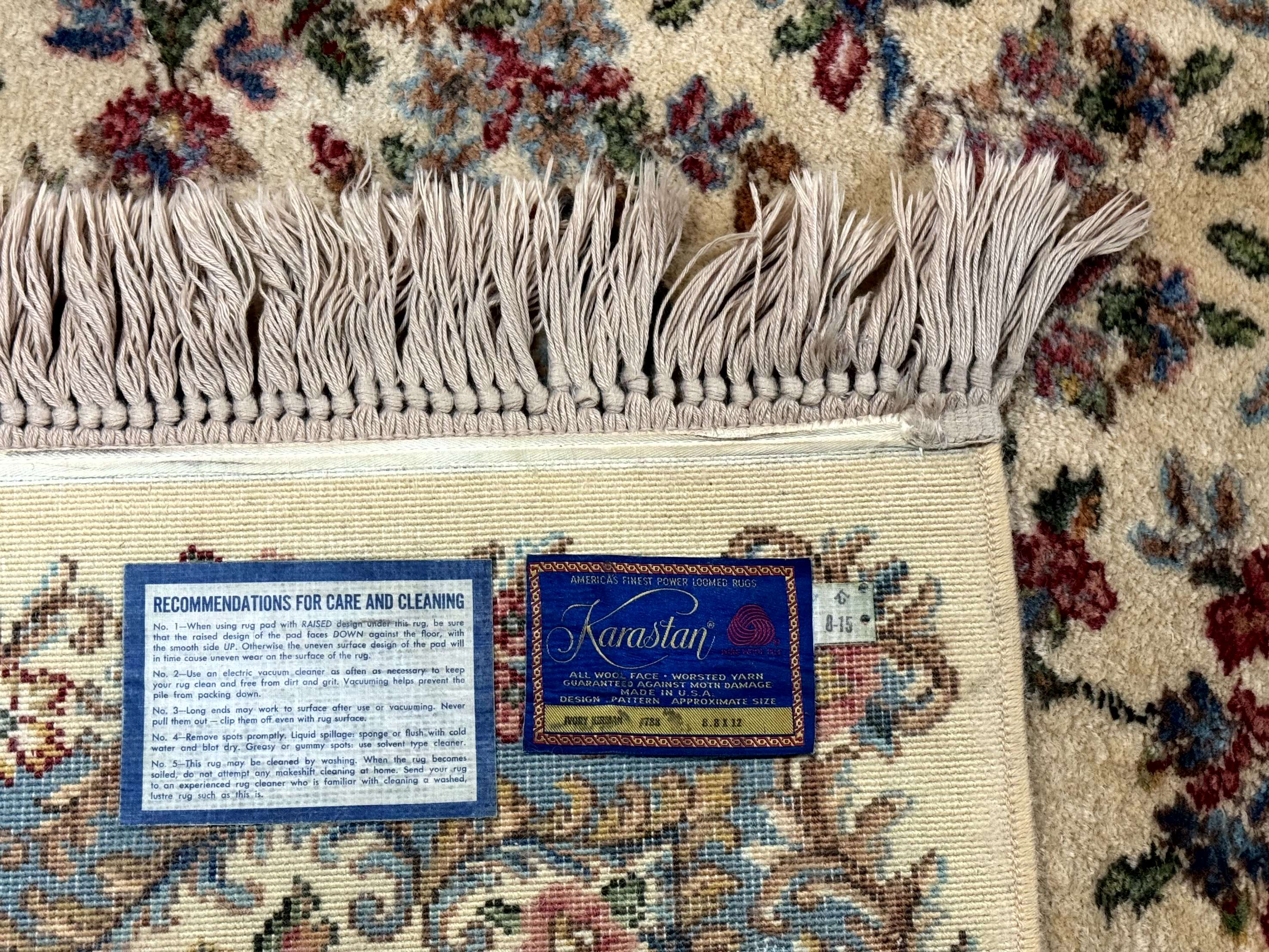 8.8 x 12 Karastan Rug #788 Ivory Kirman, Wool Vintage Original 700 Series