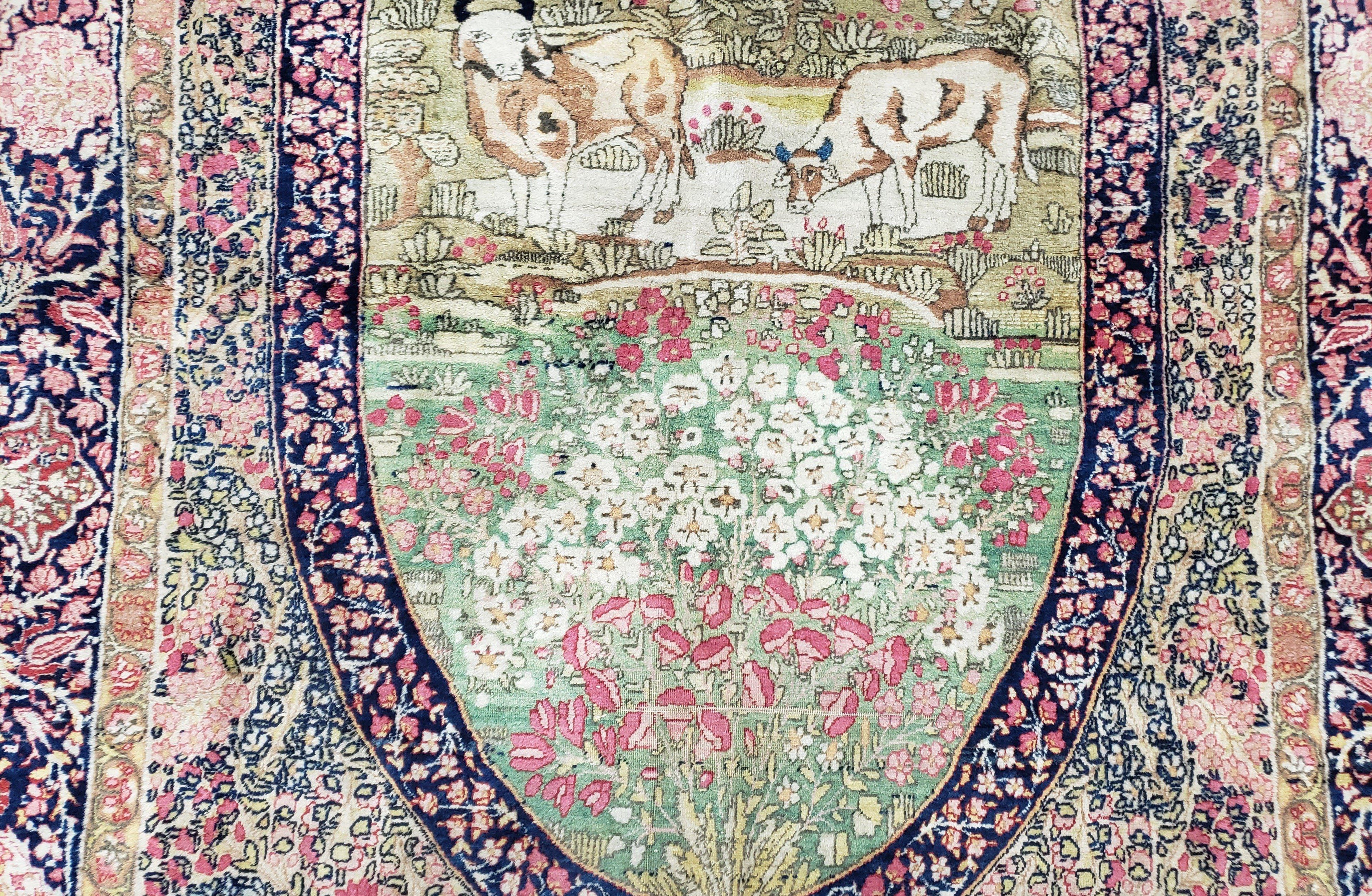 Antique Persian Kerman Lavar Rug 4.4 x 7.5, Highly Collectible Rare, 1880s Rug, Millefleurs, Cows, Wool Hand Knotted, Pictorial