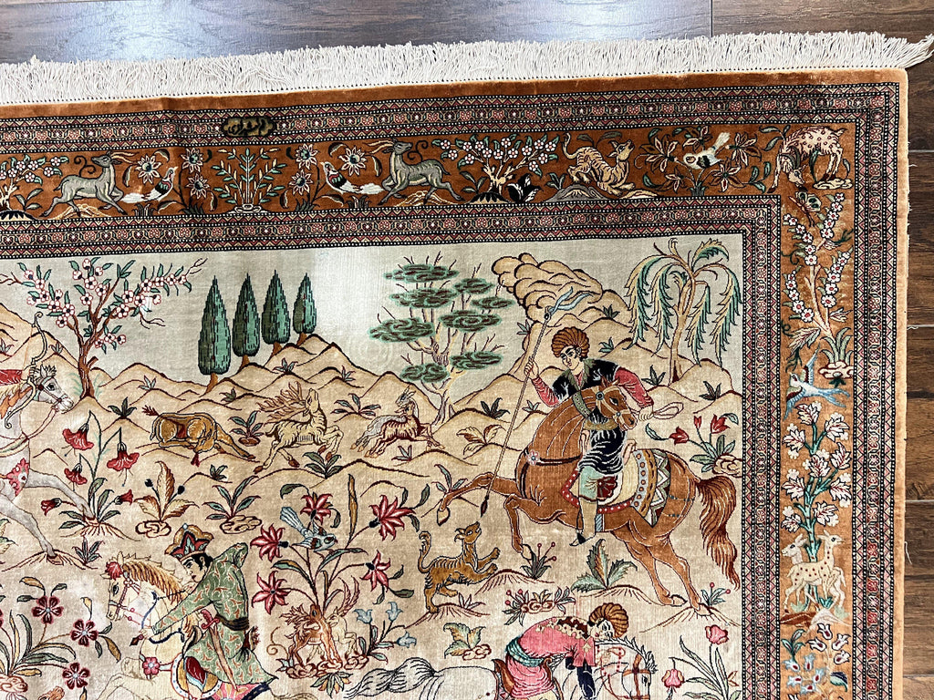 Silk Persian Qum Rug 3x5, Hunting Pattern, Handmade Vintage Carpet, Signed by Master Weaver, Horsemen Pictorials, Super Fine 650 KPSI