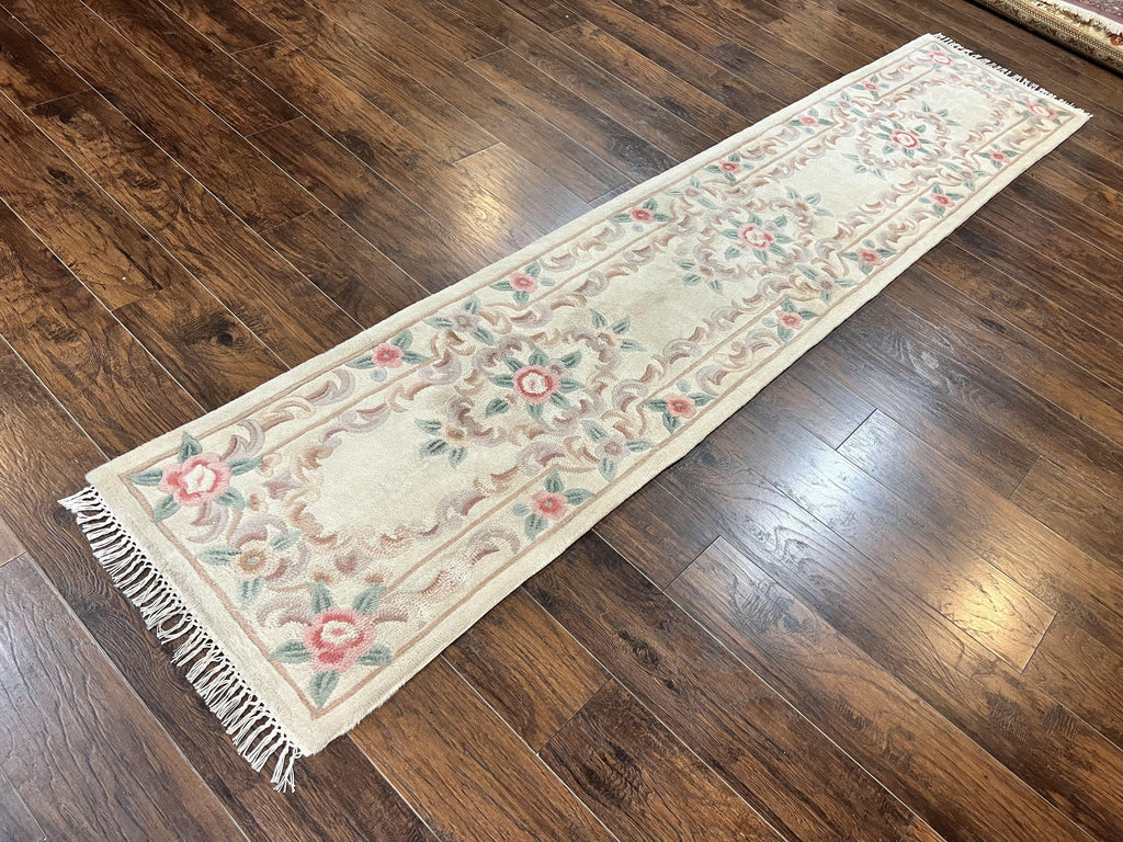 Chinese Aubusson Runner Rug 2.4 x 11, Hand Tufted Beige Floral European Design Hallway Rug, Elegant Rug, Vintage Wool Rug 11ft Long