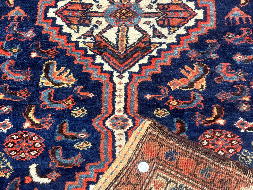 Antique Persian Hamadan Rug 4x6, Geometric, Double Medallions, Navy Blue, Tribal Carpet
