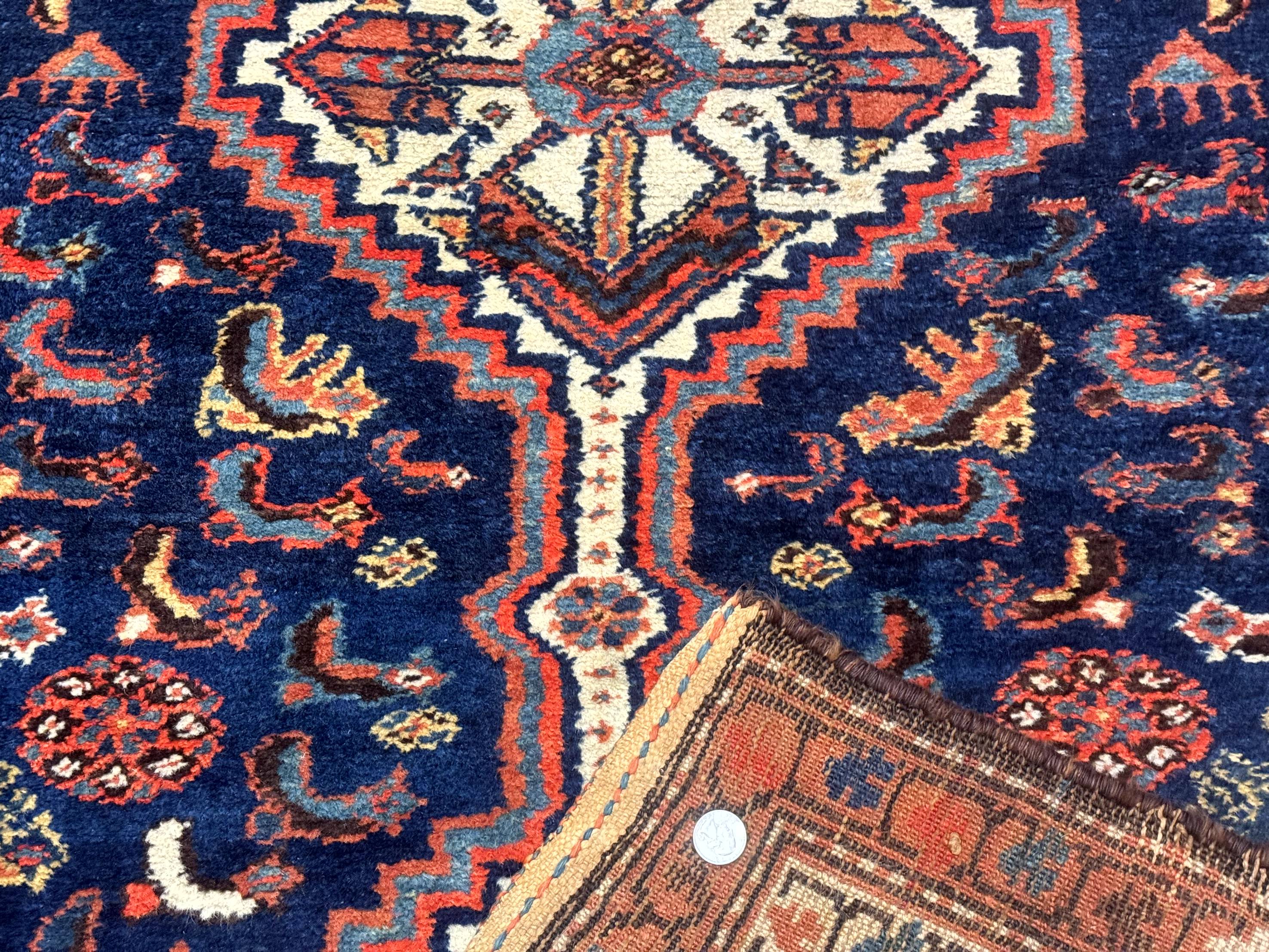 Antique Persian Hamadan Rug 4x6, Geometric, Double Medallions, Navy Blue, Tribal Carpet