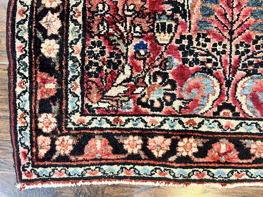 Small Antique Persian Rug 2.6 x 4, Red Floral Handmade 1920s Wool Rug, Persian Hamadan Lilian Rug