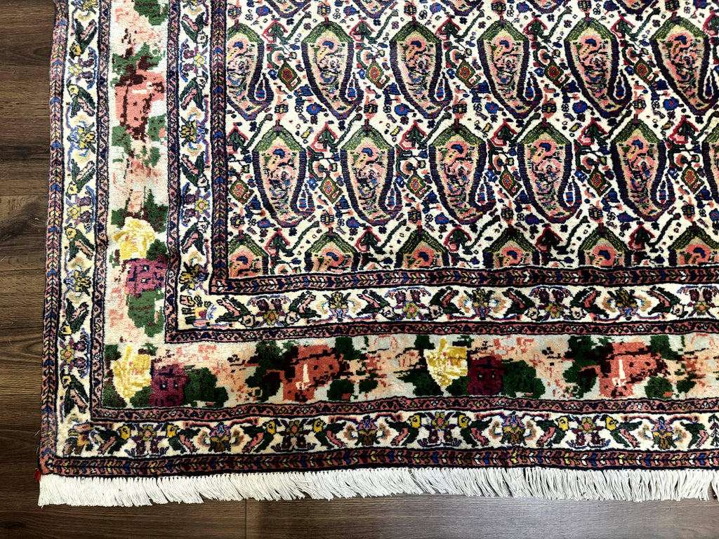 Persian Kurdish Rug 8x11, Repeated Allover Boteh Paisley Design, Bird Pictorials, Rare Antique Sannadaji Carpet