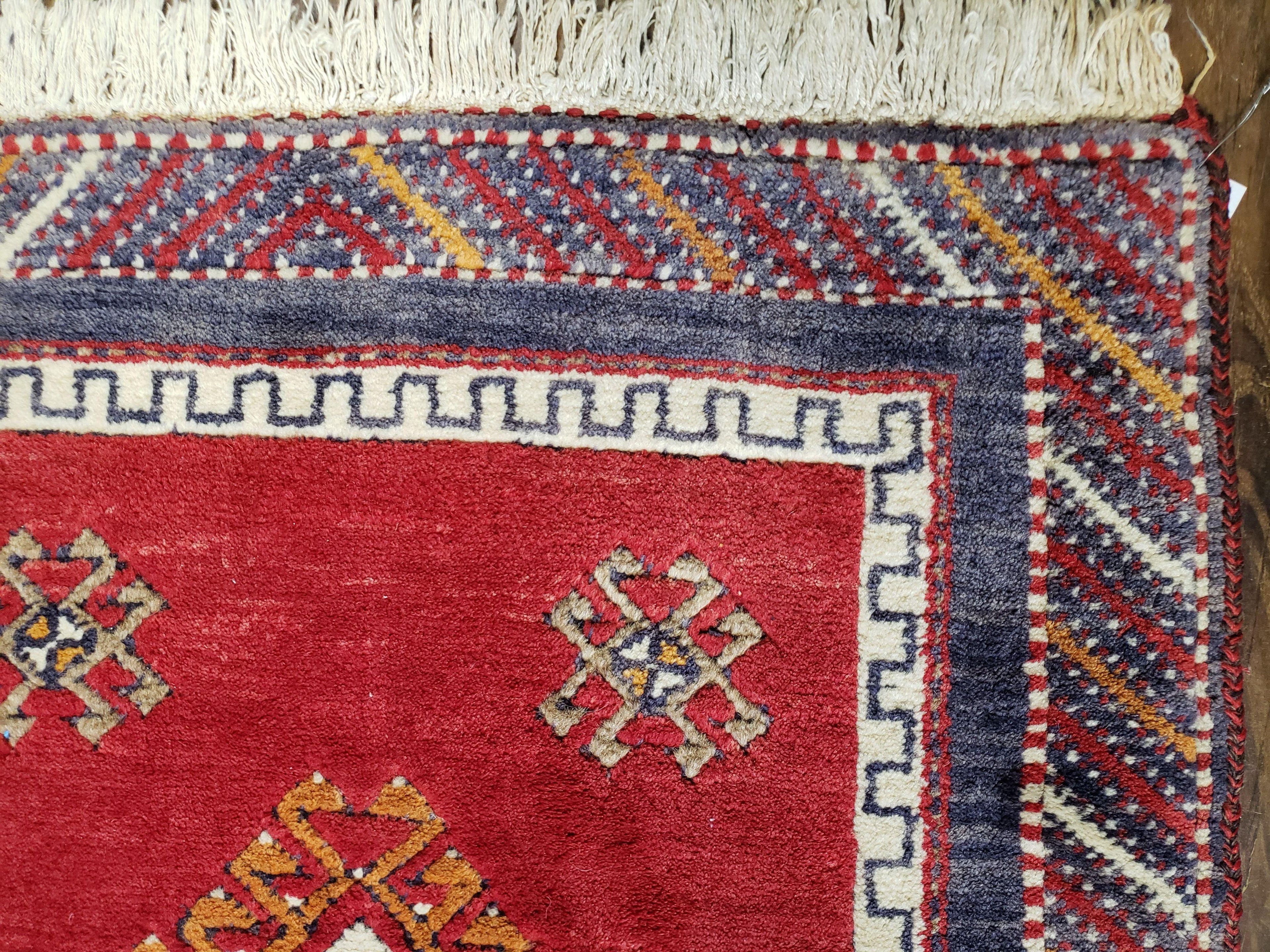 Vintage Turkish Kazak Rug 2.5 x 5 Red Wool Carpet Medallions Runner Geometric