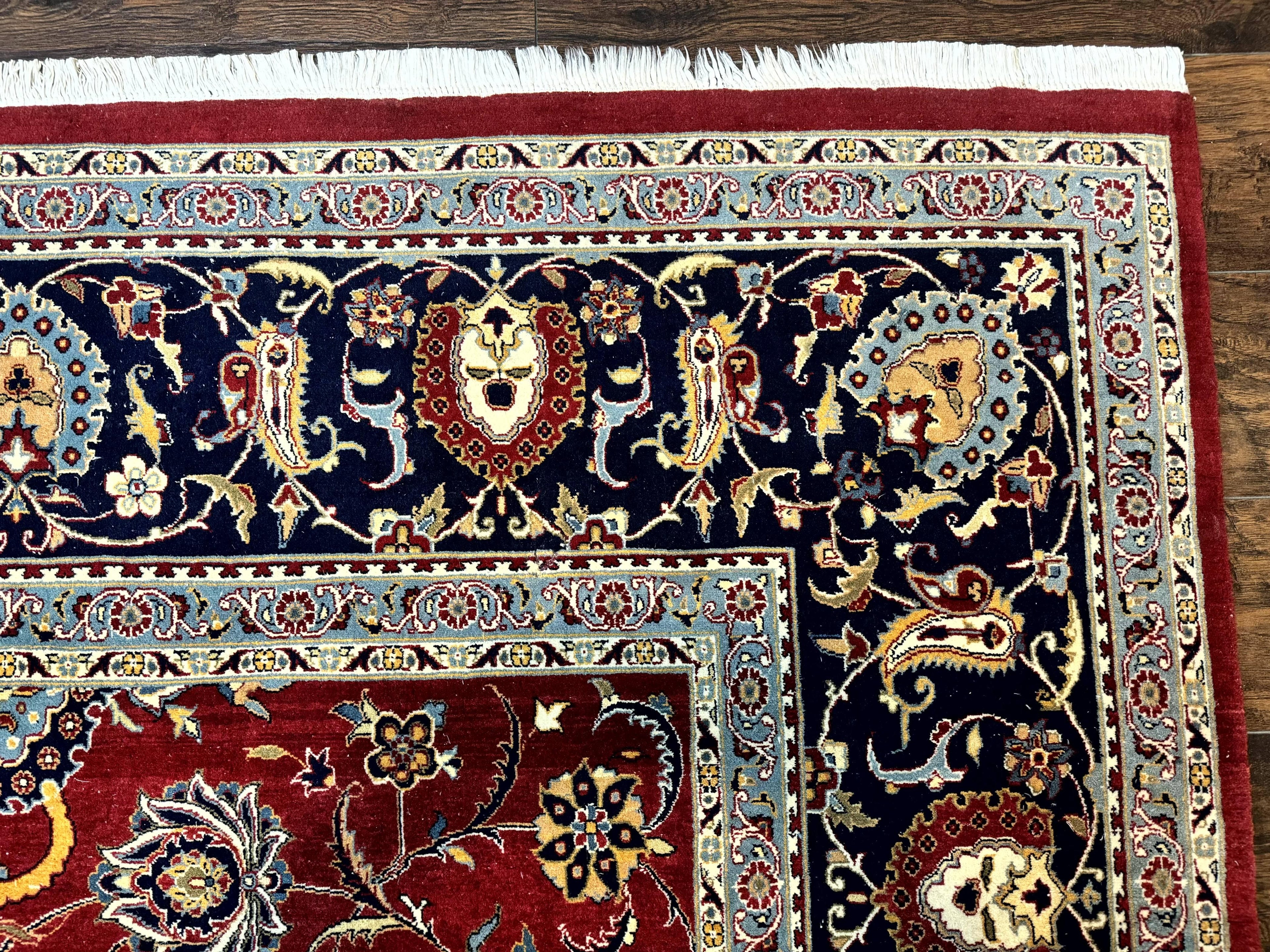 Pak Persian Rug 9x12, Red and Navy Blue, Floral Allover, Hand Knotted Vintage Wool Carpet, Fine 260 KPSI