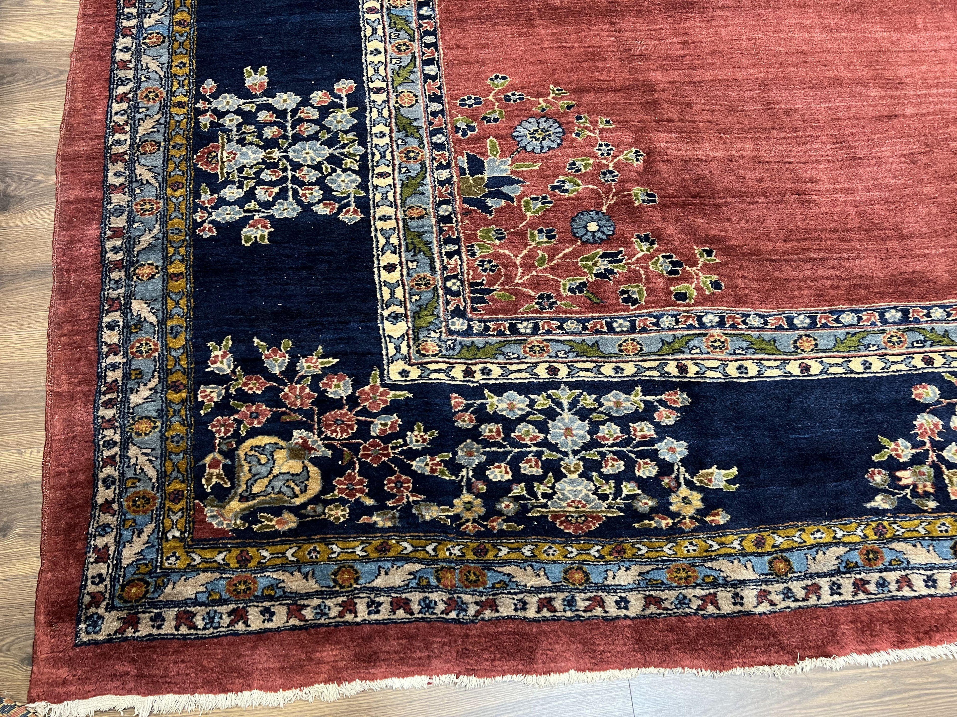 Large Persian Sarouk Rug 10x17, Open Field, Red and Navy Blue, Palace Sized Oversized Hand Knotted Wool Oriental Carpet Flowers Vases Antique 1920s