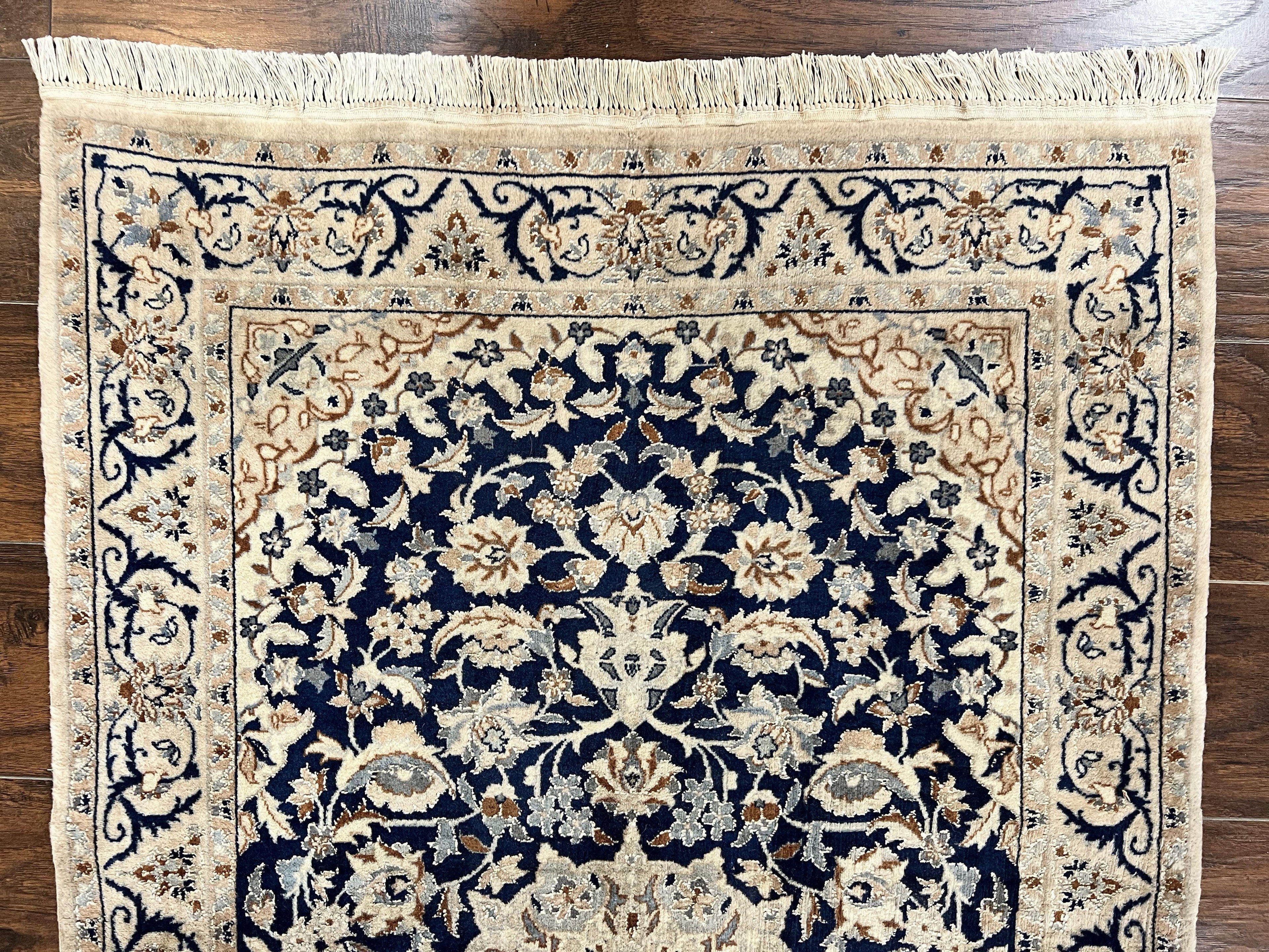 Persian Nain Rug 3x5, Floral Medallion Oriental Carpet, Very Fine Hand Knotted Handmade Wool and Silk Highlights Rug, Vintage Semi Antique