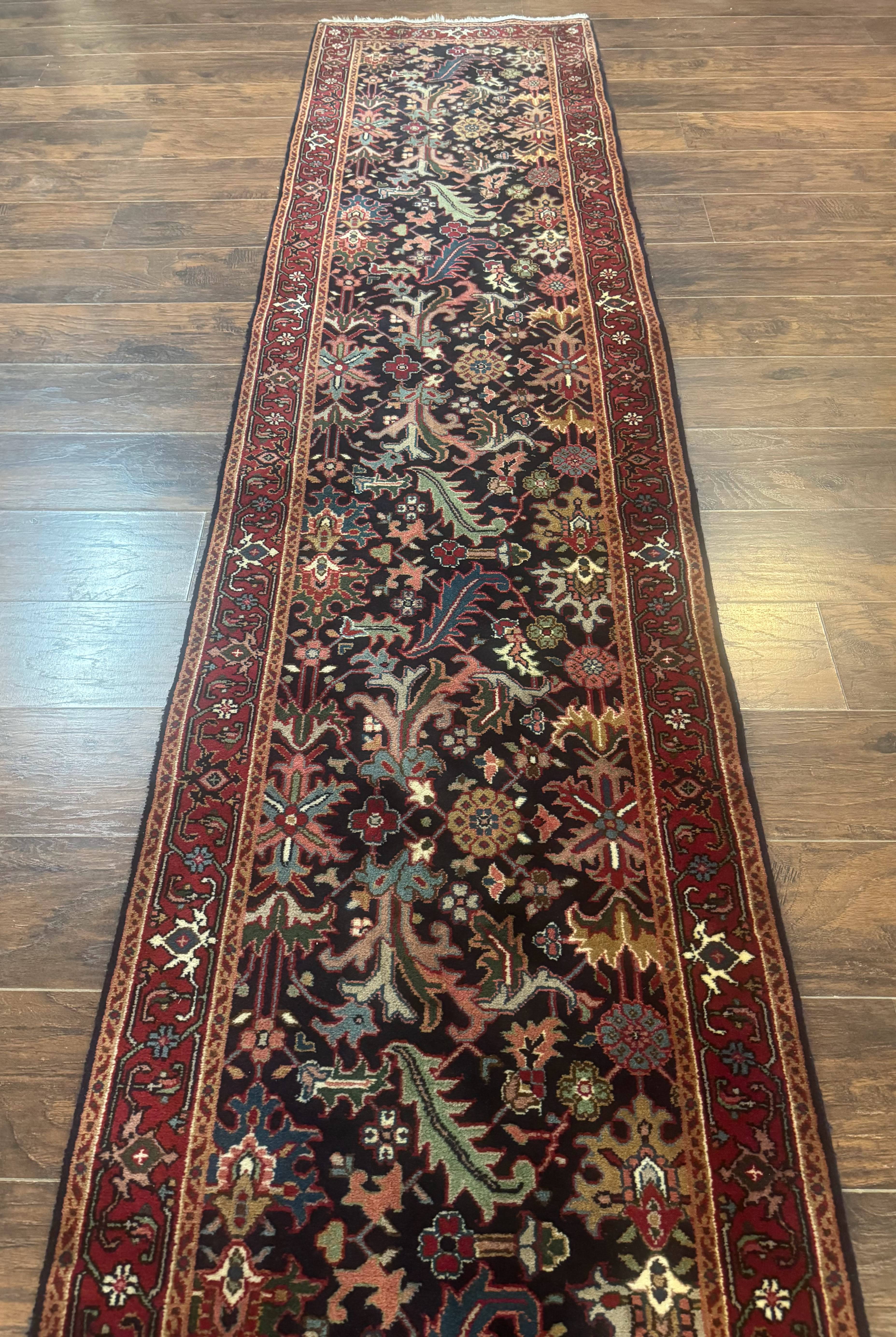 Indo Persian Runner Rug 2.7 x 13, Navy Blue and Red, Allover Floral, Wool, 13ft Runner